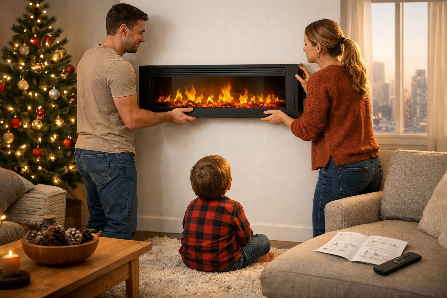 Família a montar lareira elétrica na sala com árvore de Natal decorada ao fundo.