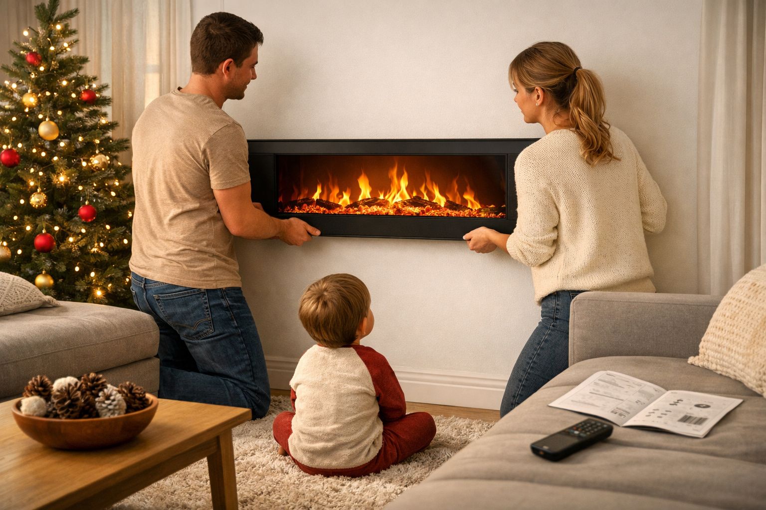 Família monta lareira elétrica na sala decorada com árvore de Natal iluminada.