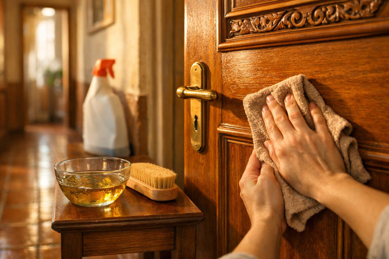 Mãos a limpar uma porta de madeira com um pano, ao lado de uma mesa com escova e recipiente com líquido amarelo.