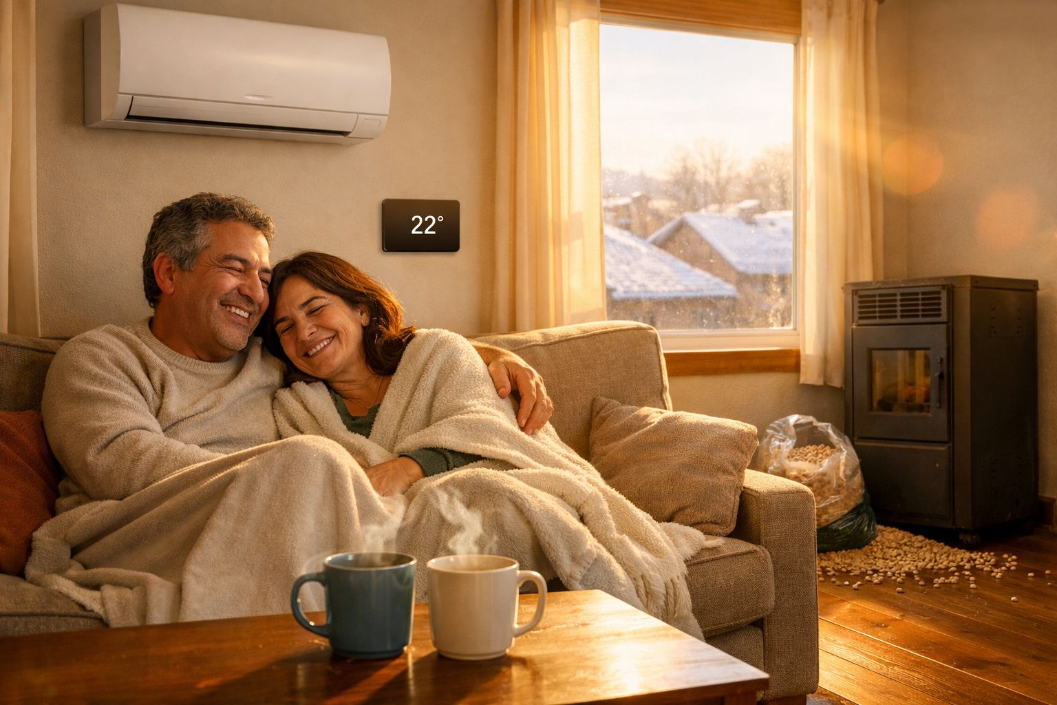 Casal aconchegado no sofá com mantas, ao lado de lareira e termóstato a 22º, em ambiente acolhedor.