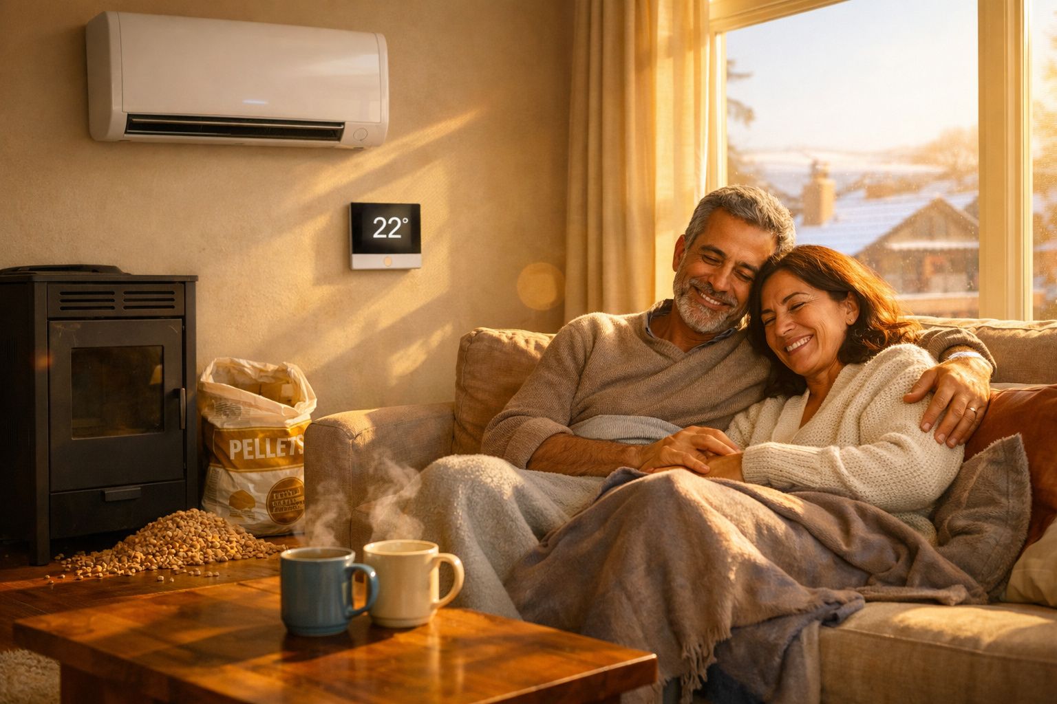Casal sentado no sofá abraçado, coberto com manta, em sala acolhedora com temperatura regulada a 22º.