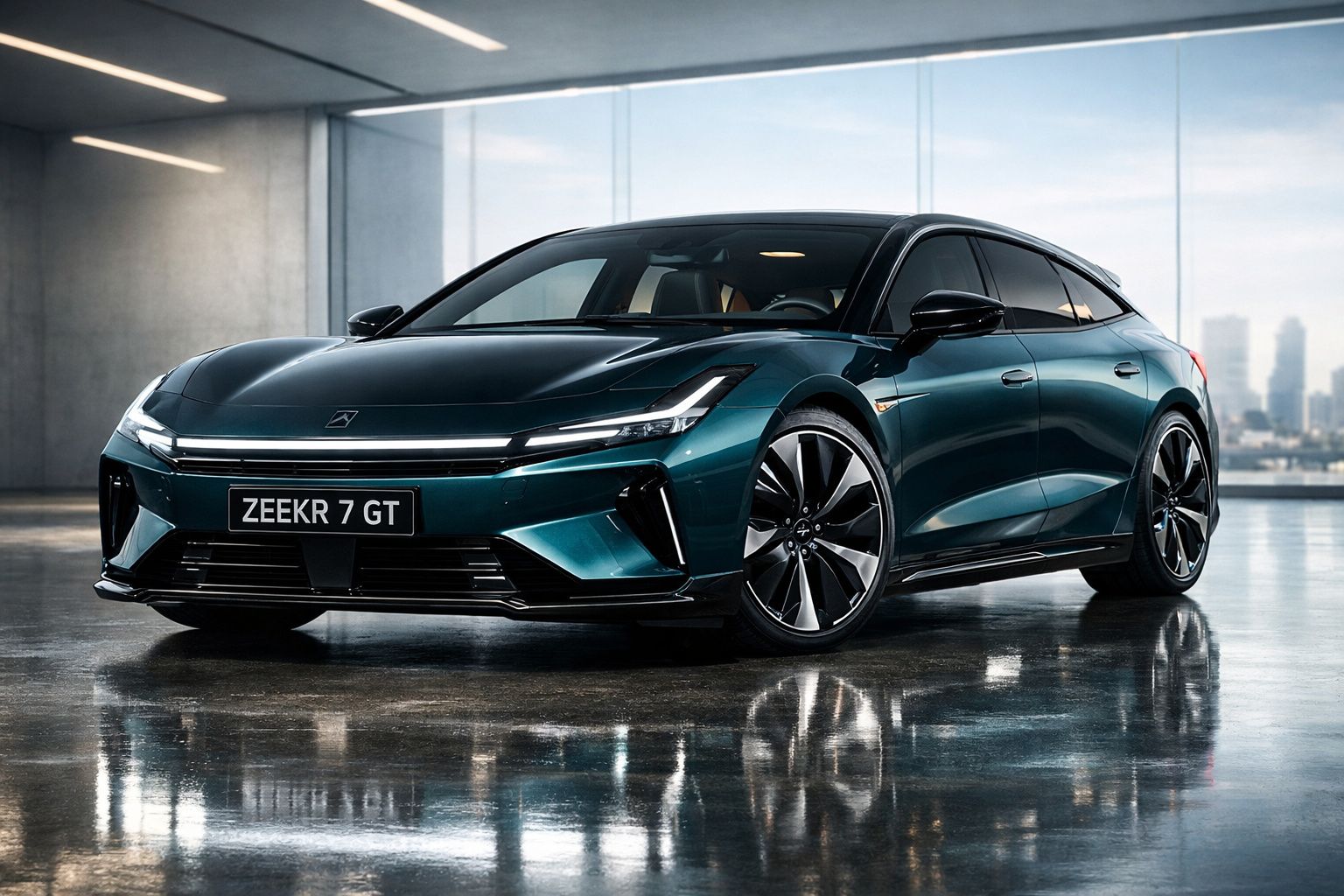 Carro elétrico desportivo Zeekr 7 GT verde metalizado estacionado em piso brilhante interior.