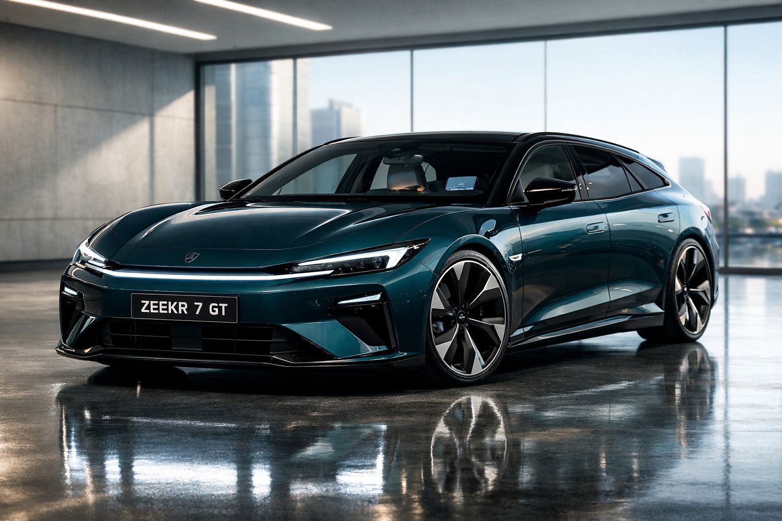 Carro desportivo elétrico azul Zeekr 7 GT estacionado num interior moderno com janelas amplas.