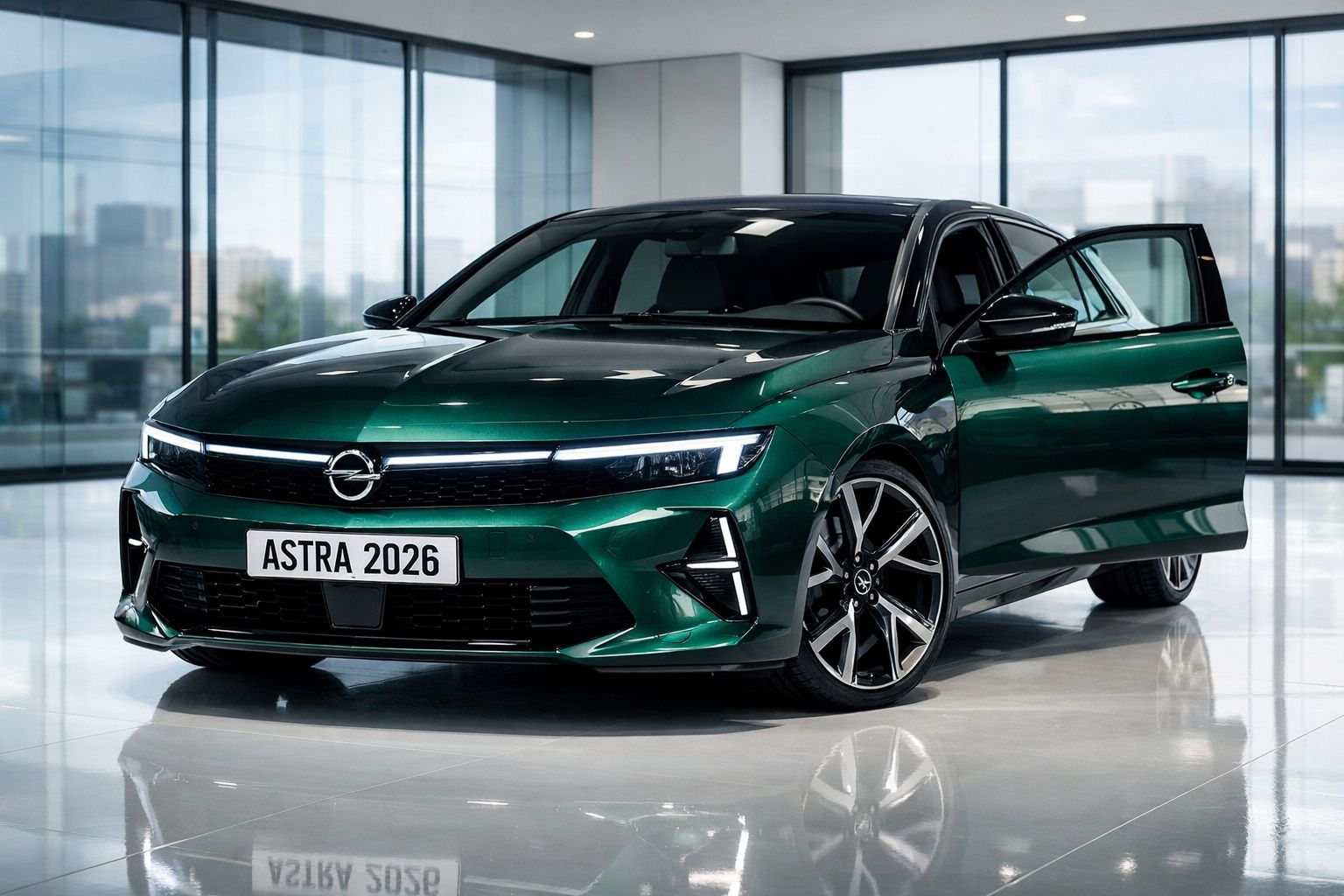 Carro Opel Astra 2026 verde escuro estacionado em ambiente moderno com porta dianteira direita aberta.