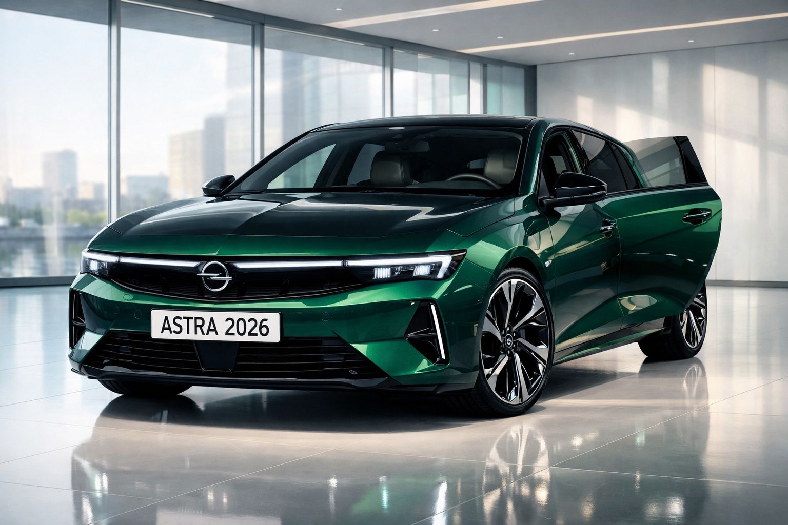 Carro Opel Astra 2026 verde metalizado estacionado numa sala com paredes de vidro e porta dianteira direita aberta.
