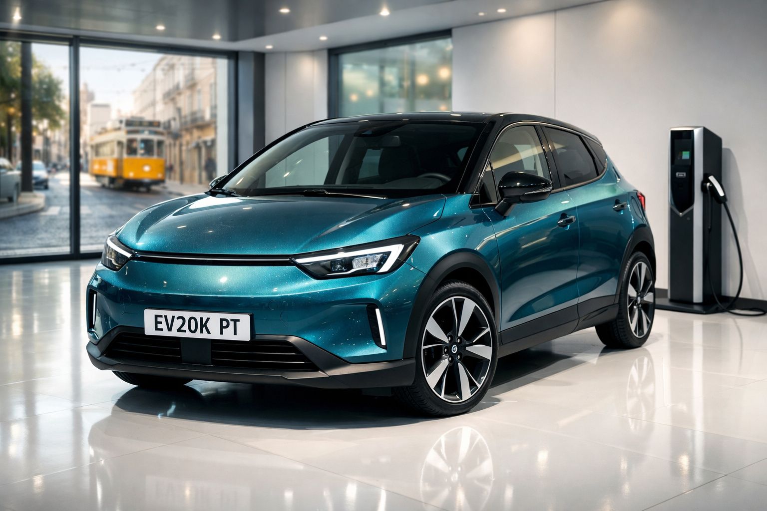 Carro elétrico azul metálico estacionado em interior moderno, ligado a estação de carregamento.