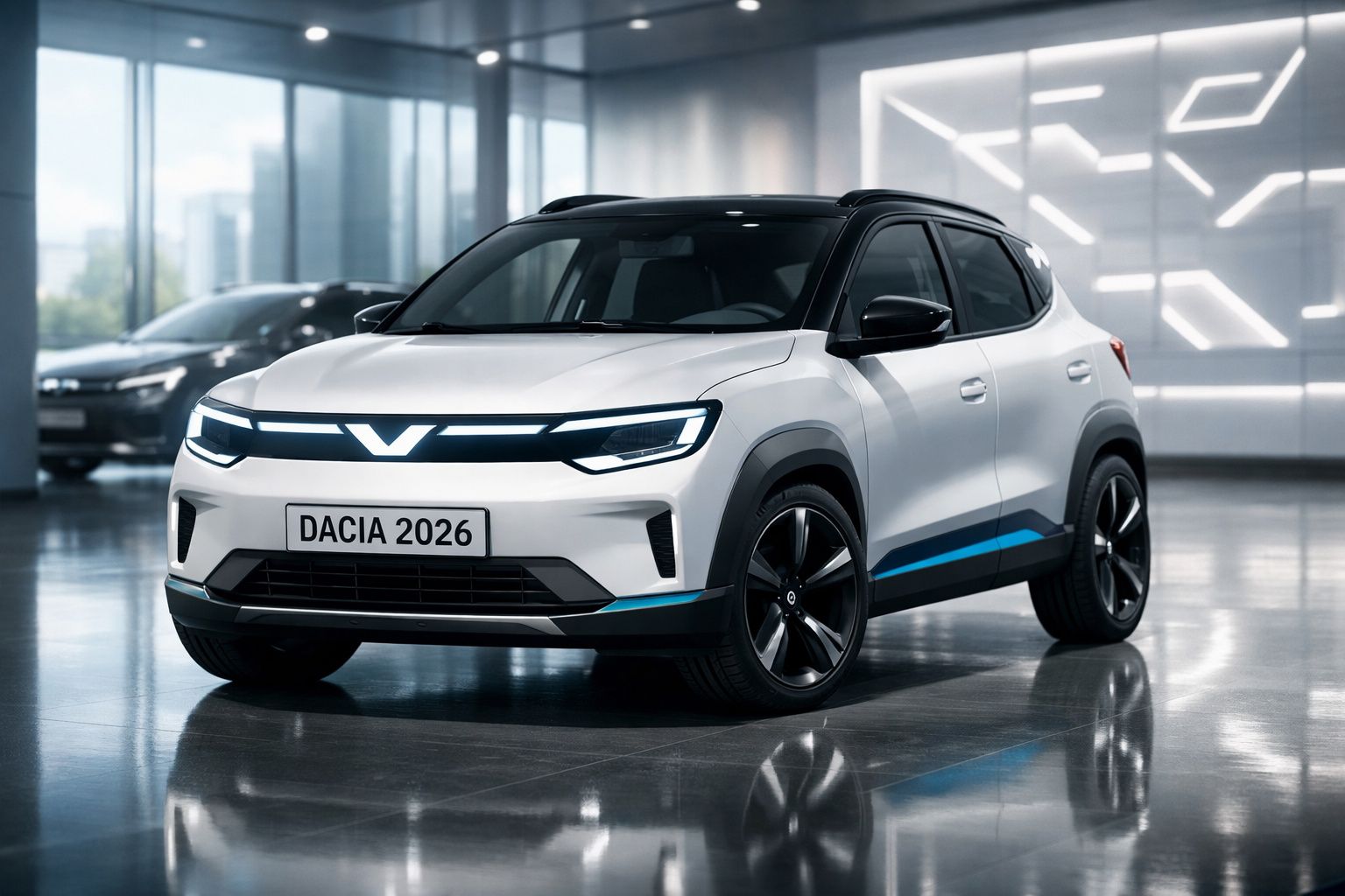 Carro eléctrico branco Dacia 2026 em interior moderno, com linhas LED frontais e detalhes azuis.