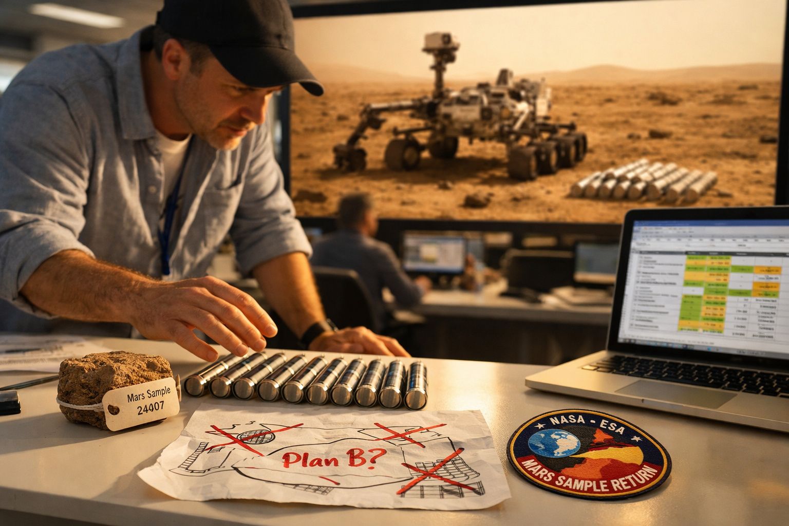 Homem a analisar amostras de Marte num laboratório com imagem do rover e plano B desenhado na mesa.