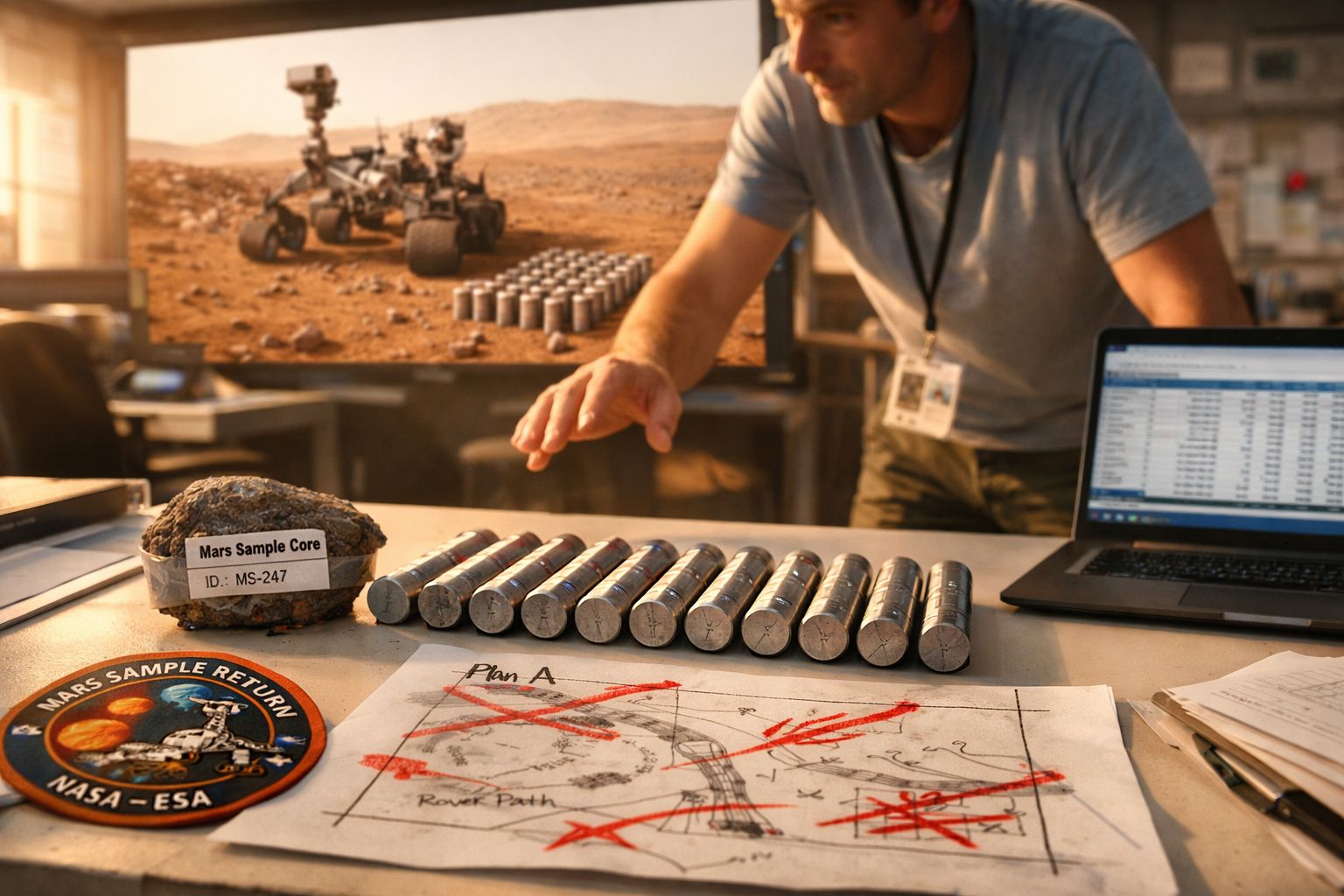 Mesa com amostras de solo marciano, mapa de percurso de rover, computador e pessoa em ambiente de investigação.