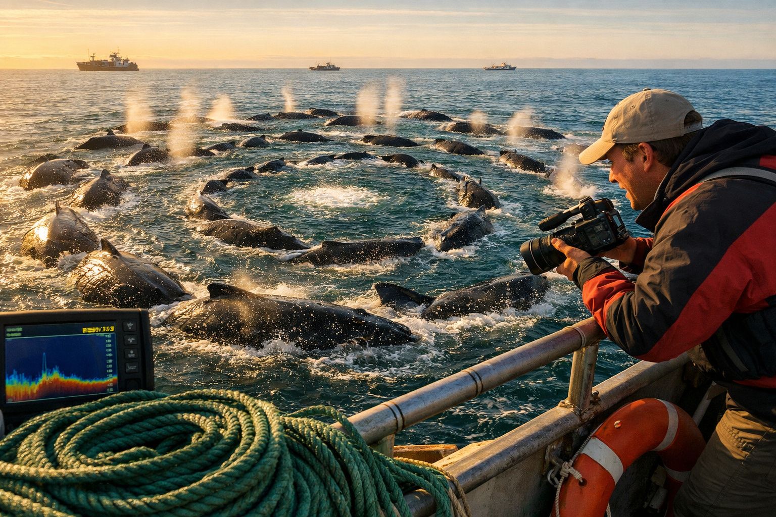 Fotógrafo numa embarcação a captar baleias numa formação circular a expelir água no oceano ao nascer do sol.