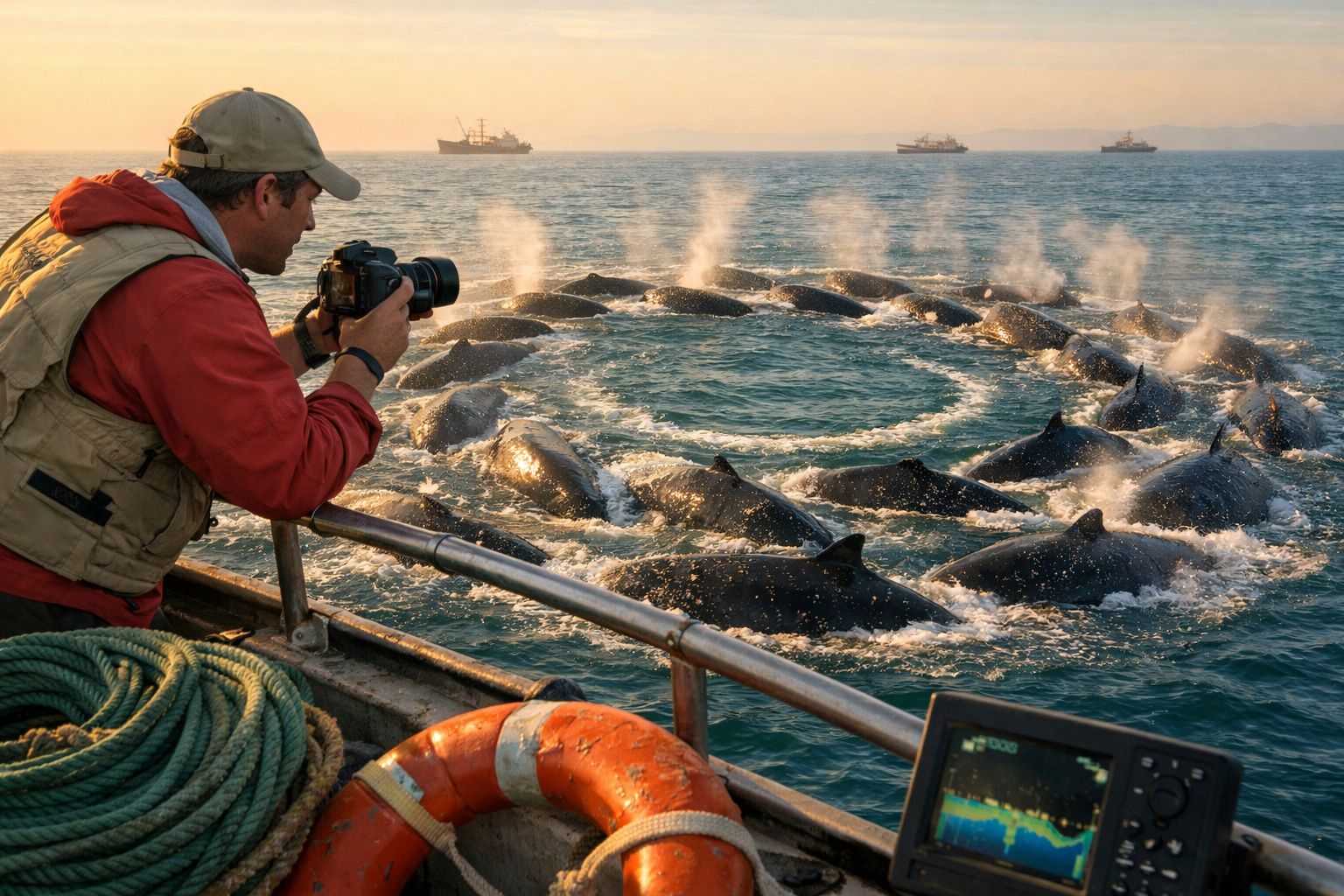 Fotógrafo tira fotos de baleias formando círculo e soprando água no mar ao pôr do sol.