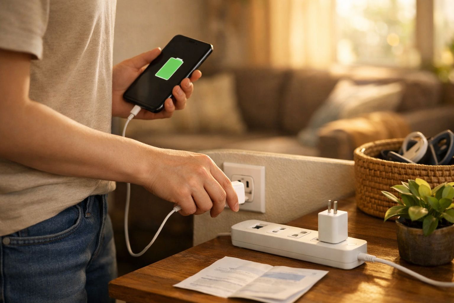 Pessoa a carregar telemóvel com bateria cheia, ligado a tomada numa régua de energia numa mesa de madeira.