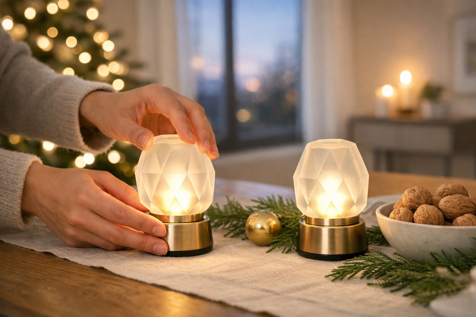 Mãos a acender abajures decorativos junto a bola dourada e taça com nozes sobre mesa decorada para Natal.