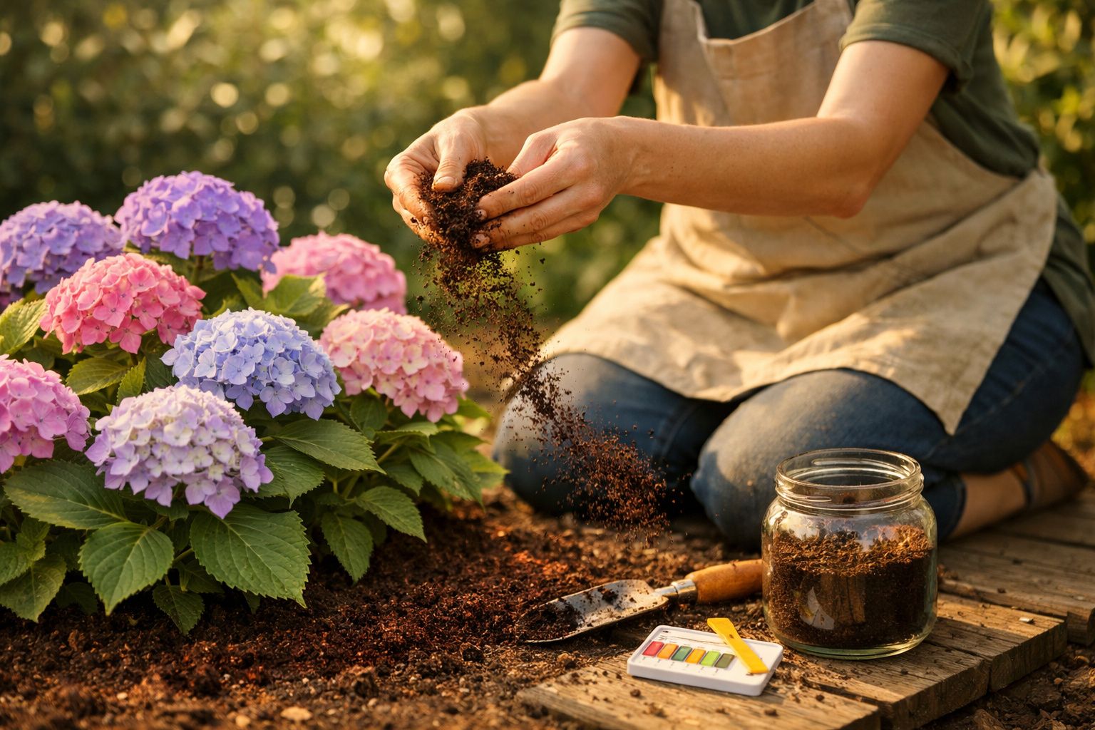 Pessoa a distribuir terra em canteiro com flores de hortênsia coloridas, com ferramentas de jardinagem ao lado.