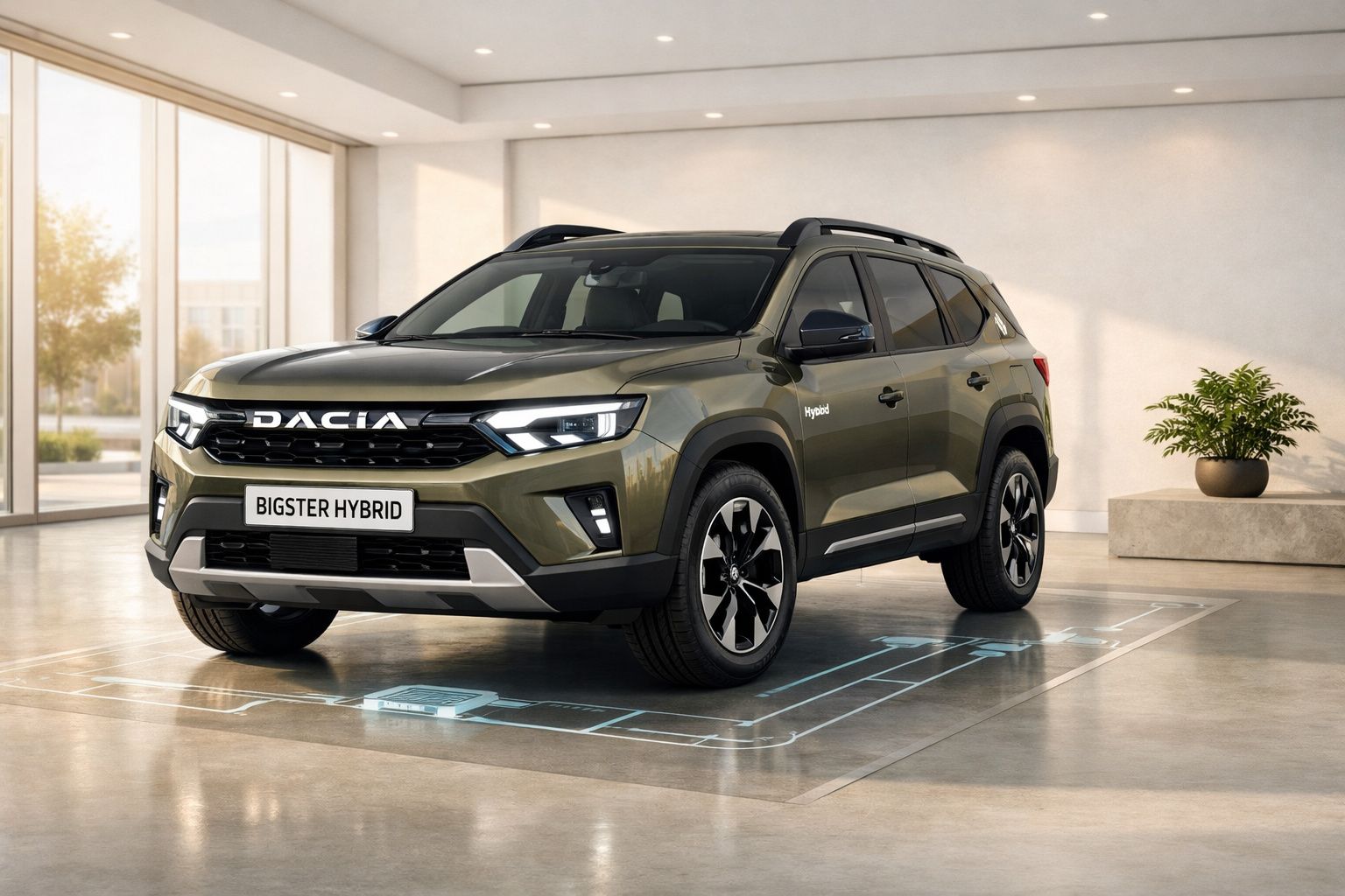 Carro SUV Dacia Bigster Hybrid verde estacionado em ambiente interno moderno com planta decorativa.