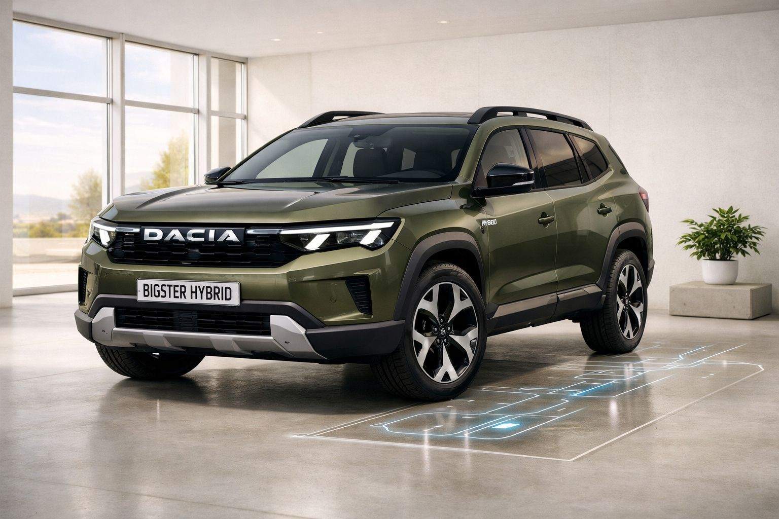 Carro SUV híbrido Dacia Bigster verde estacionado em garagem moderna com luz natural.