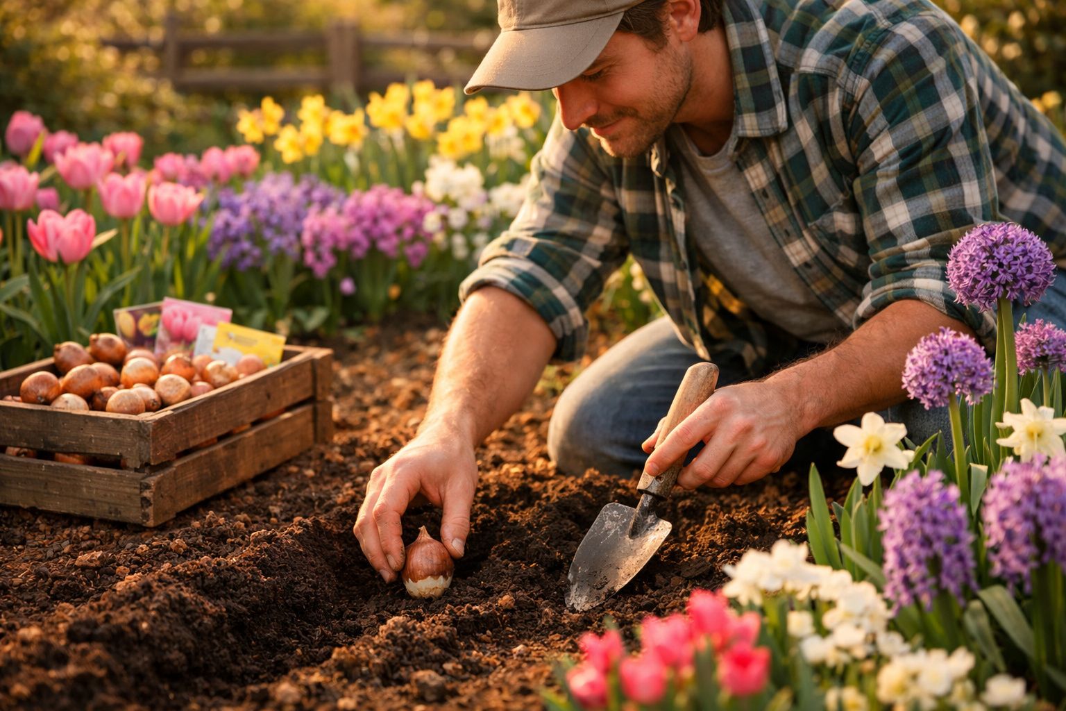 Homem a plantar flor em vaso, rodeado de tulipas e jacinthos coloridos num jardim.