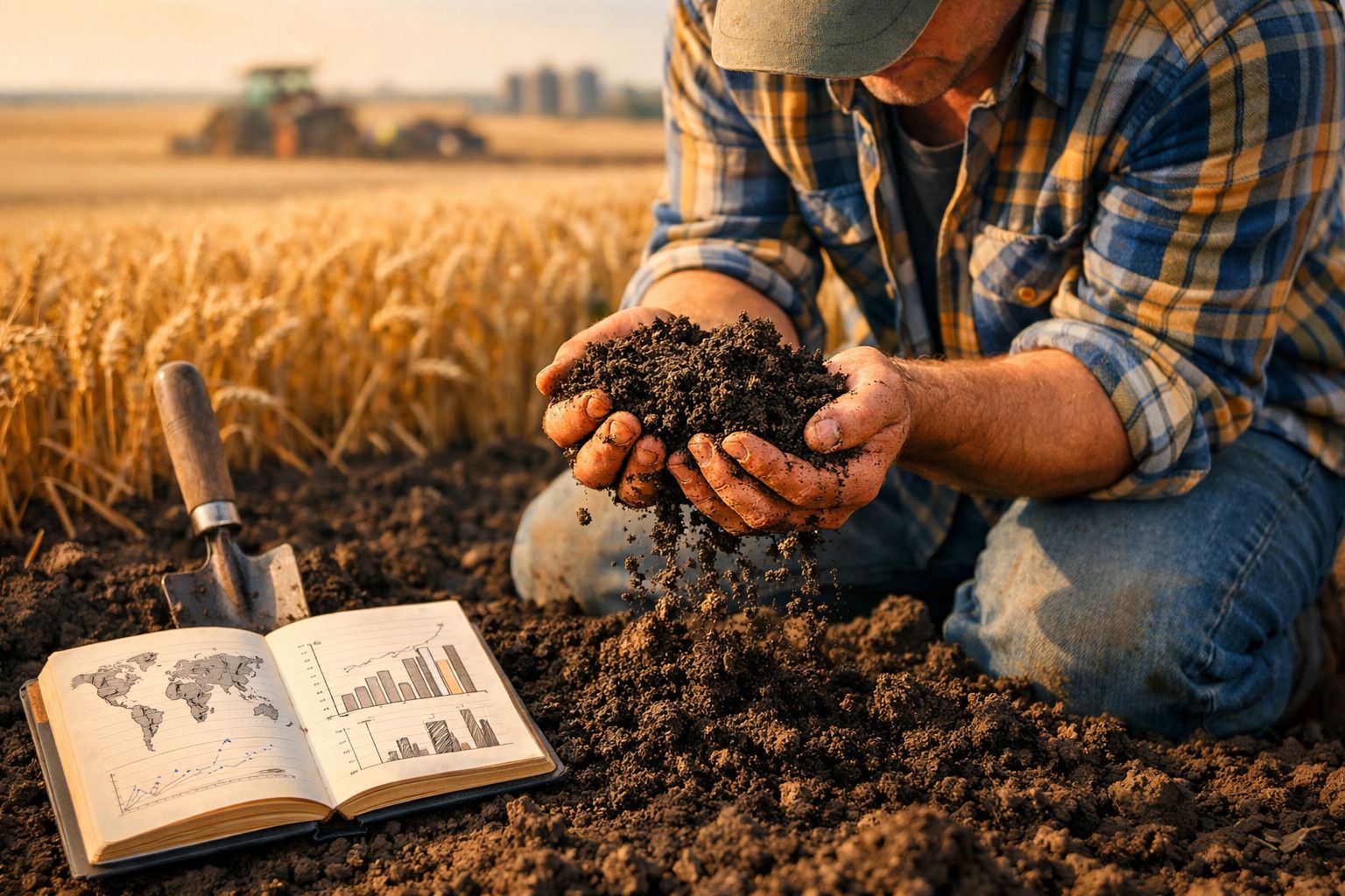 Agricultor debruçado no solo com terra na mão, livro aberto com gráficos e campo de trigo ao fundo.