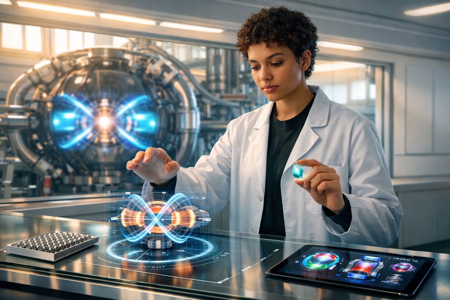 Cientista manipula holograma avançado de tecnologia de fusão nuclear num laboratório futurista.