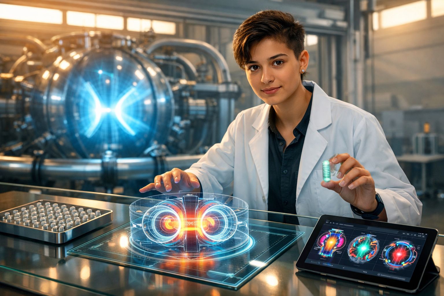 Cientista em laboratório com hologramas tecnológicos e equipamento futurista, segurando cápsula iluminada.