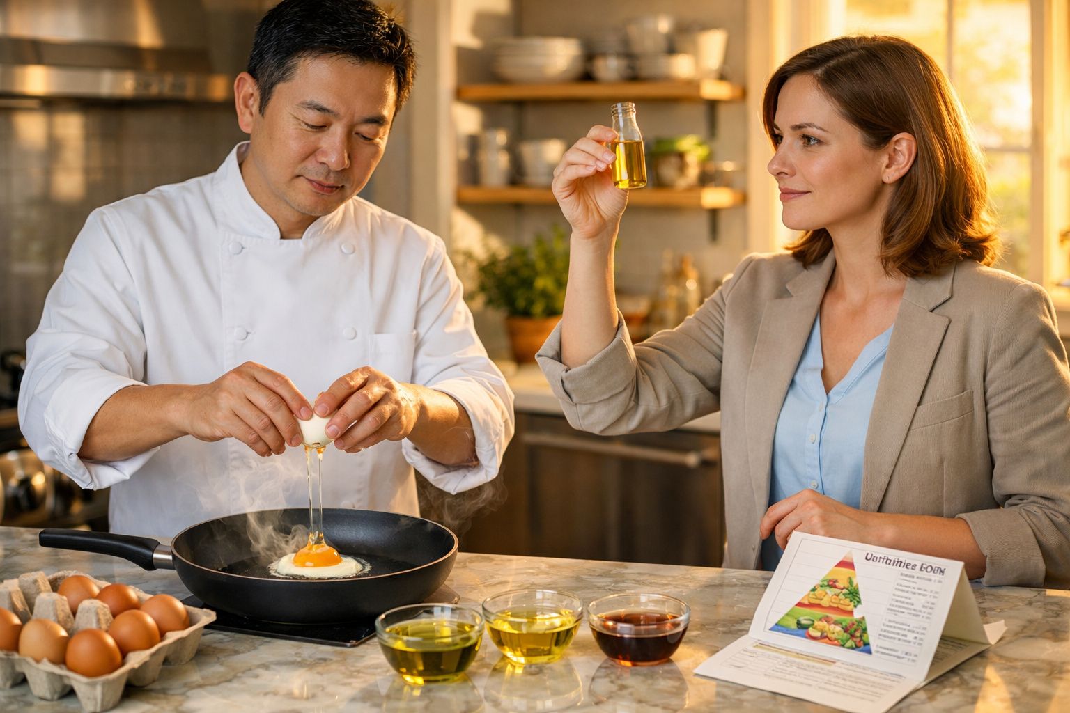 Chef a cozinhar ovo a frigideira enquanto mulher inspeciona óleo na cozinha moderna.