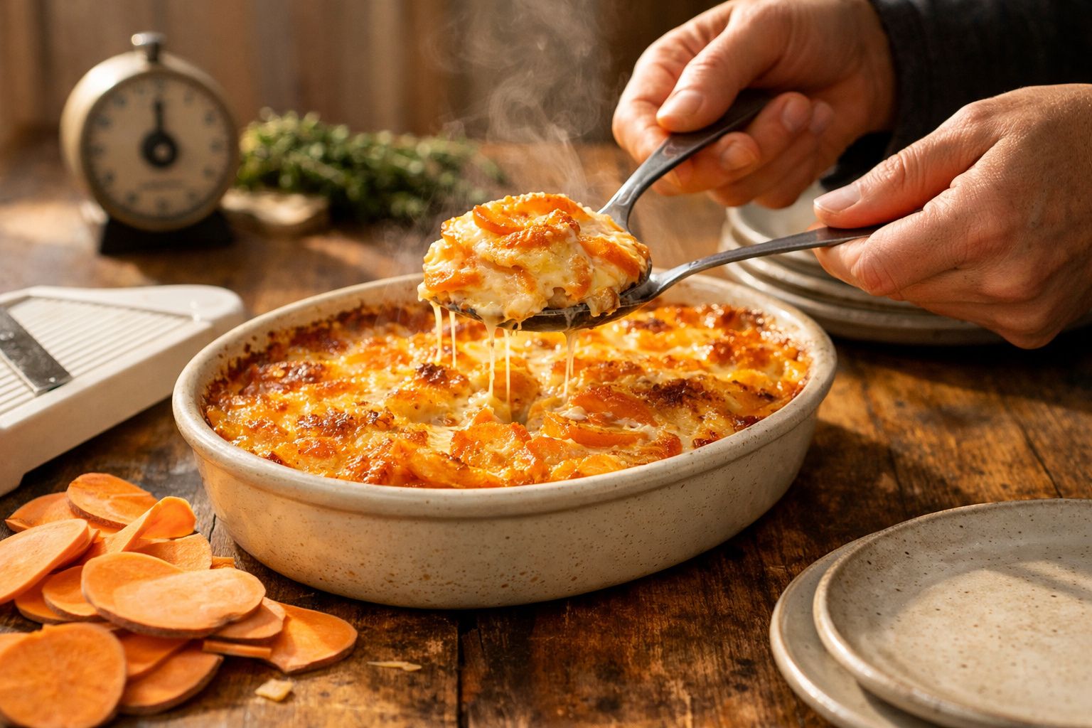 Gratinado de batata-doce quente e fumegante servido numa travessa oval, com mãos a retirar uma porção.