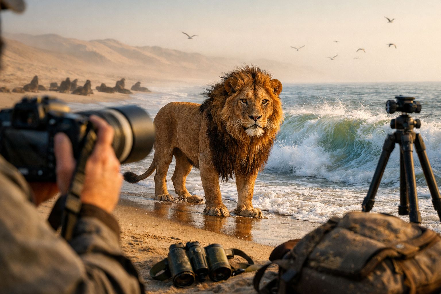 Leão com juba espessa na praia, fotógrafo com câmera à esquerda e tripé à direita, ondas a bater no areal.