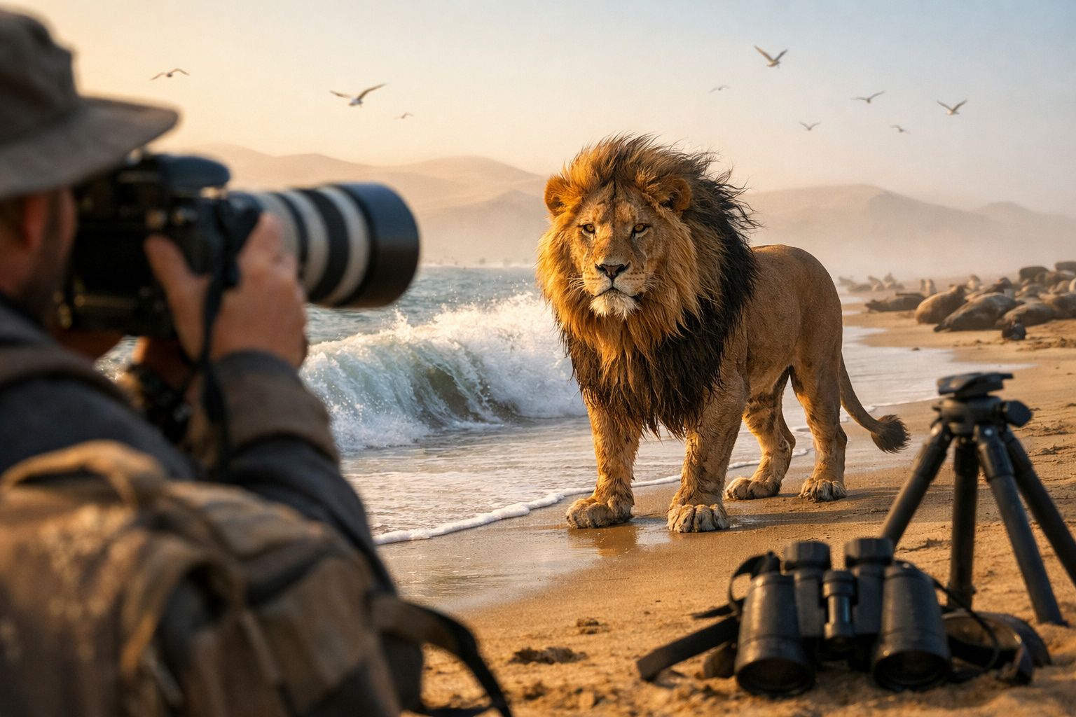 Fotógrafo captura leão macho na praia ao nascer do sol com ondas e gaivotas ao fundo.