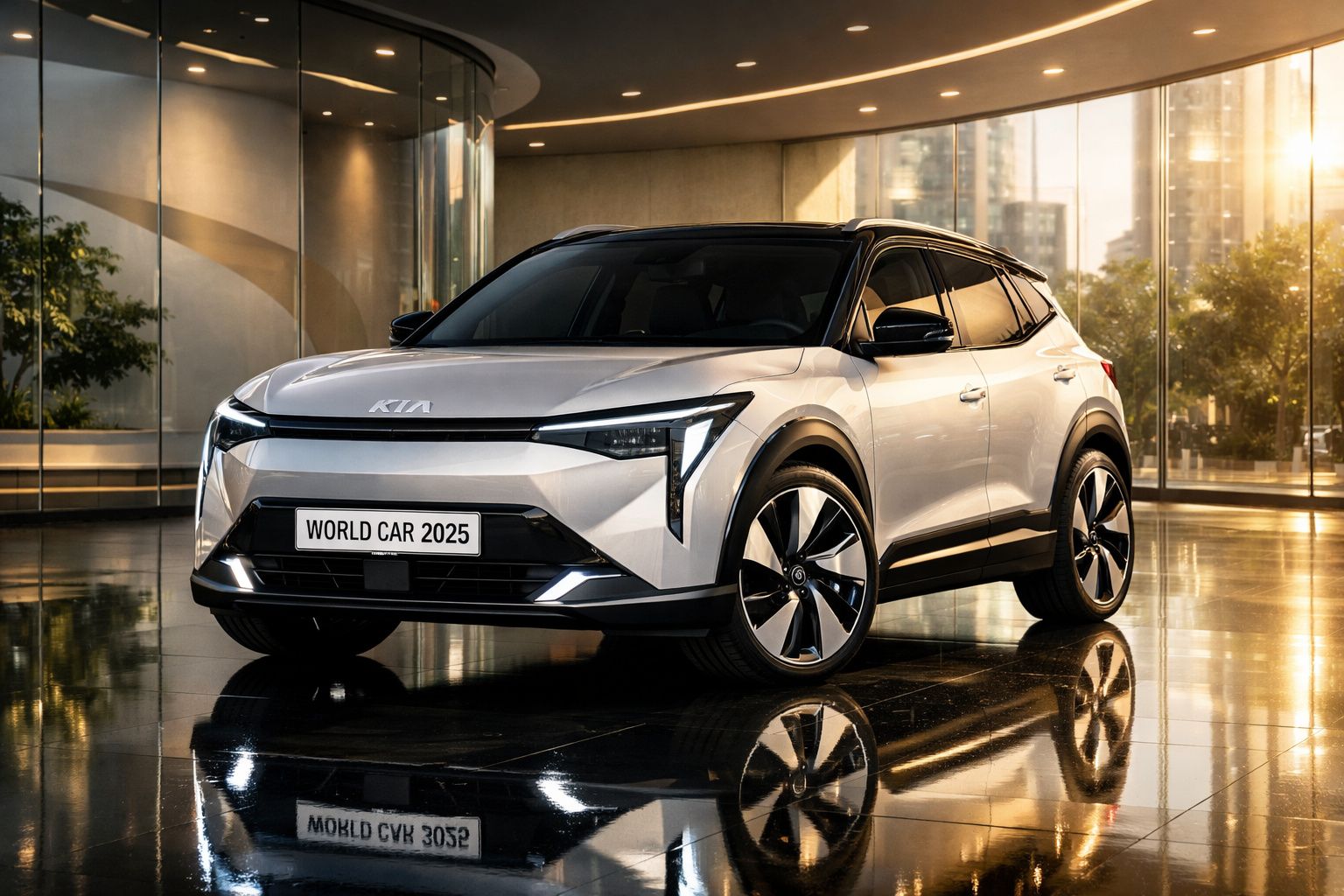 Carro elétrico Kia moderno em exposição numa sala com chão refletor e luz natural.