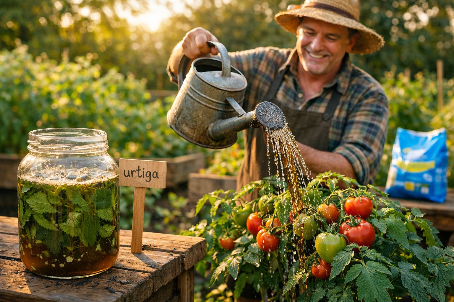 Homem a regar tomateiras com regador num jardim, com jarro de infusão de urtiga ao lado.