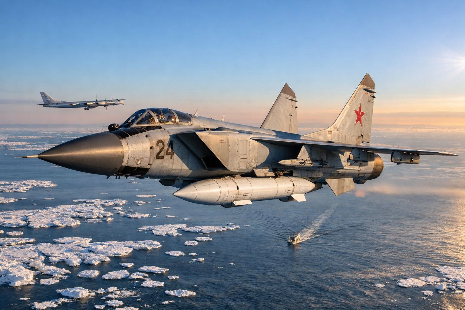 Caça militar soviético com estrela vermelha voando sobre águas geladas ao pôr-do-sol, com outro avião ao fundo.