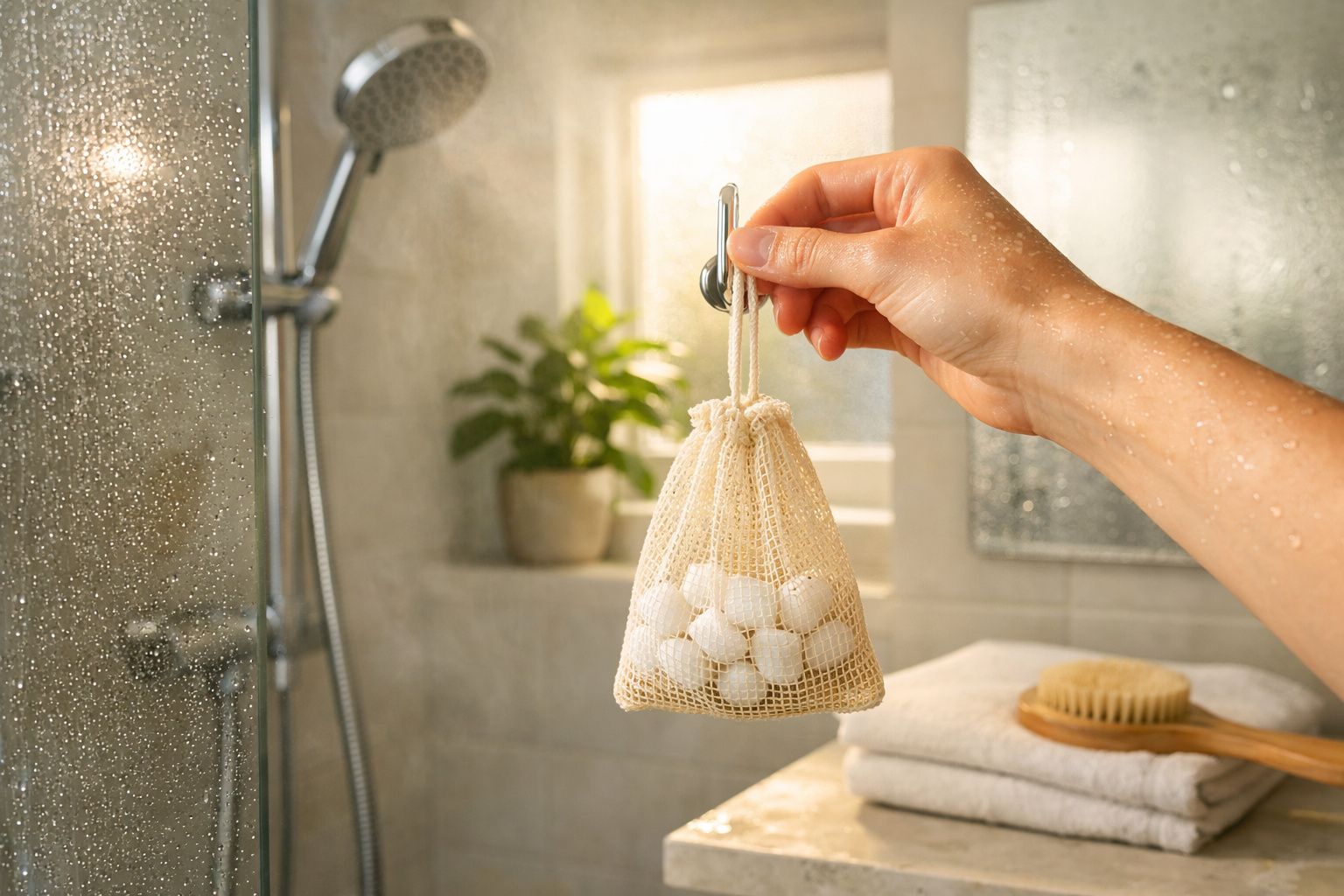 Mão a pendurar saco de rede com bolas de esponja num gancho na casa de banho húmida.