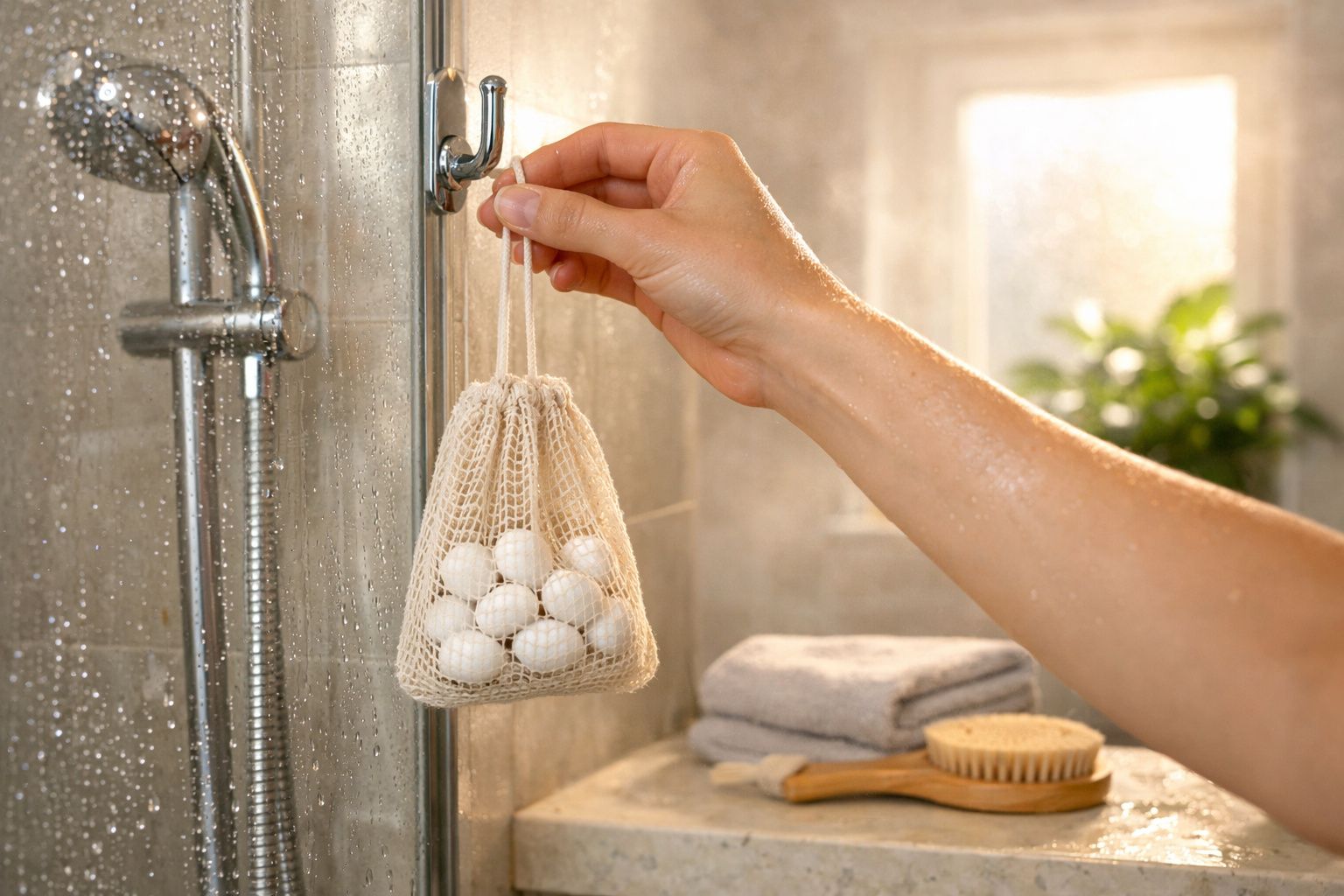 Mão pendura saco de rede com bolas brancas numa cabina de duche com toalhas e escova ao fundo.