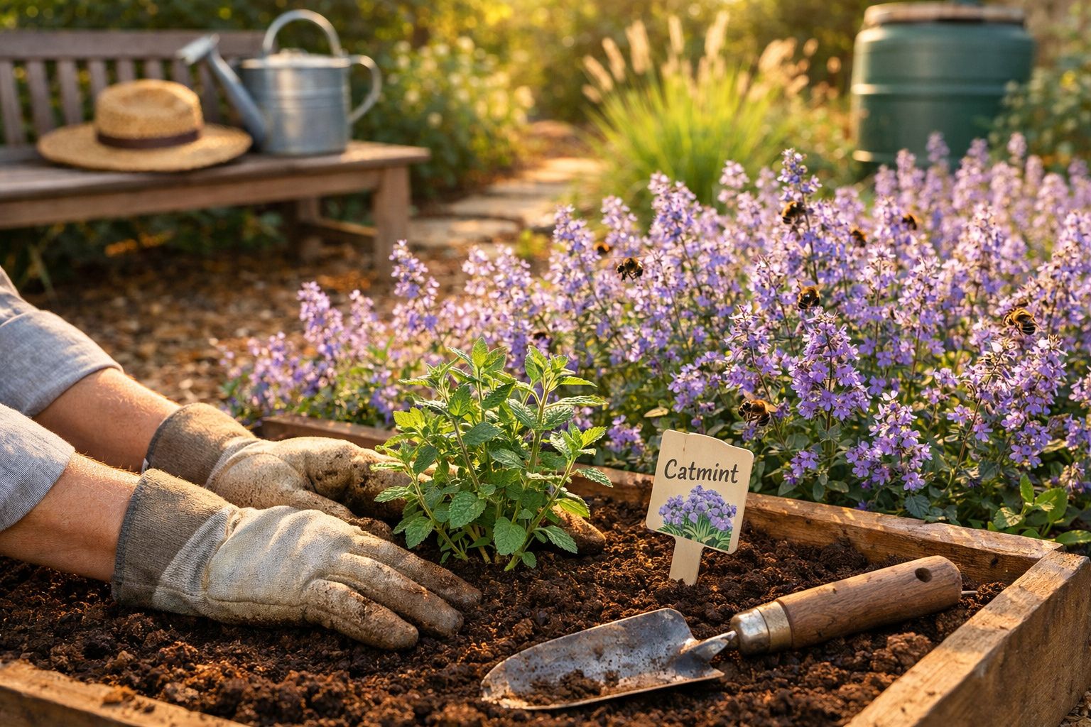 Mãos com luvas a plantar hortelã-dos-gatos numa cama de jardim com flores lilases e abelhas.