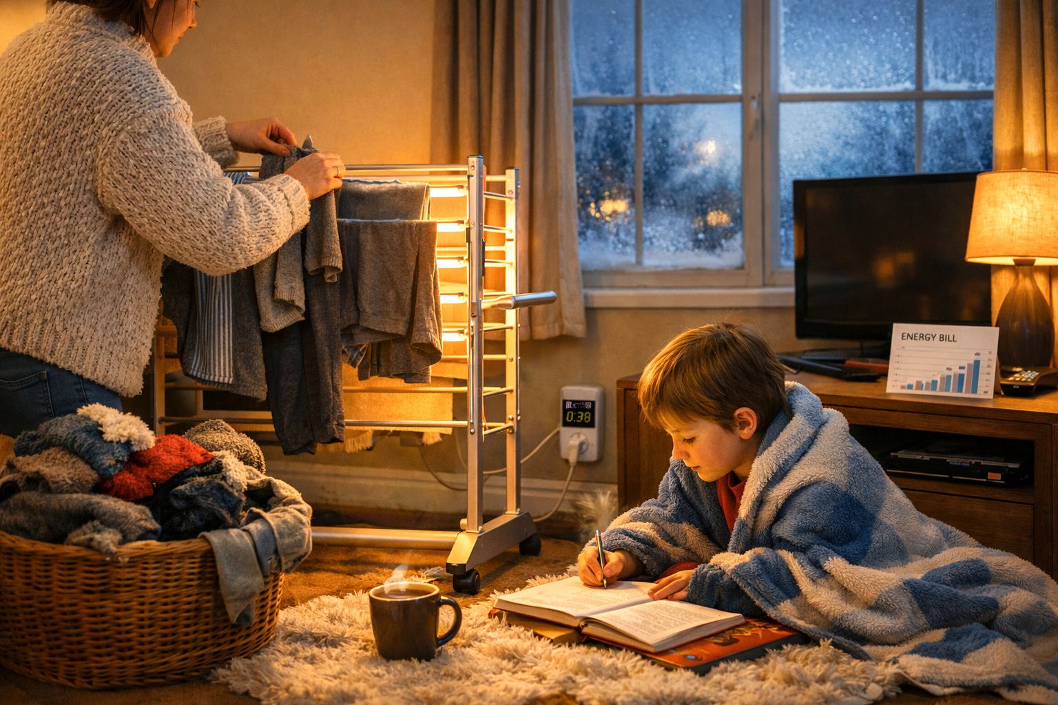 Criança a estudar enrolada em manta perto de aquecedor elétrico com roupa seca e chá quente.