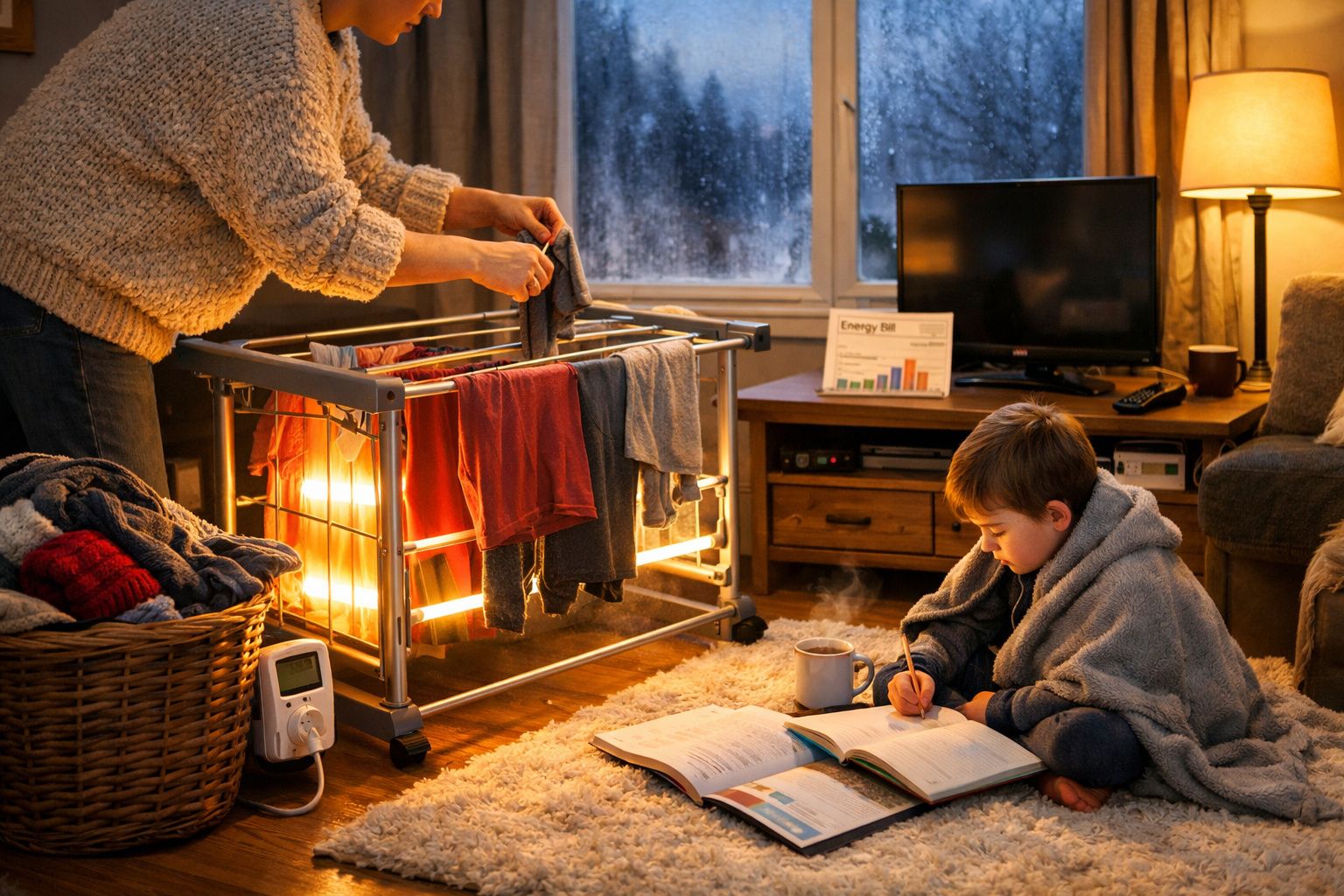 Criança estudando junto a aquecedor e adulto a pendurar roupa num ambiente acolhedor e quente.