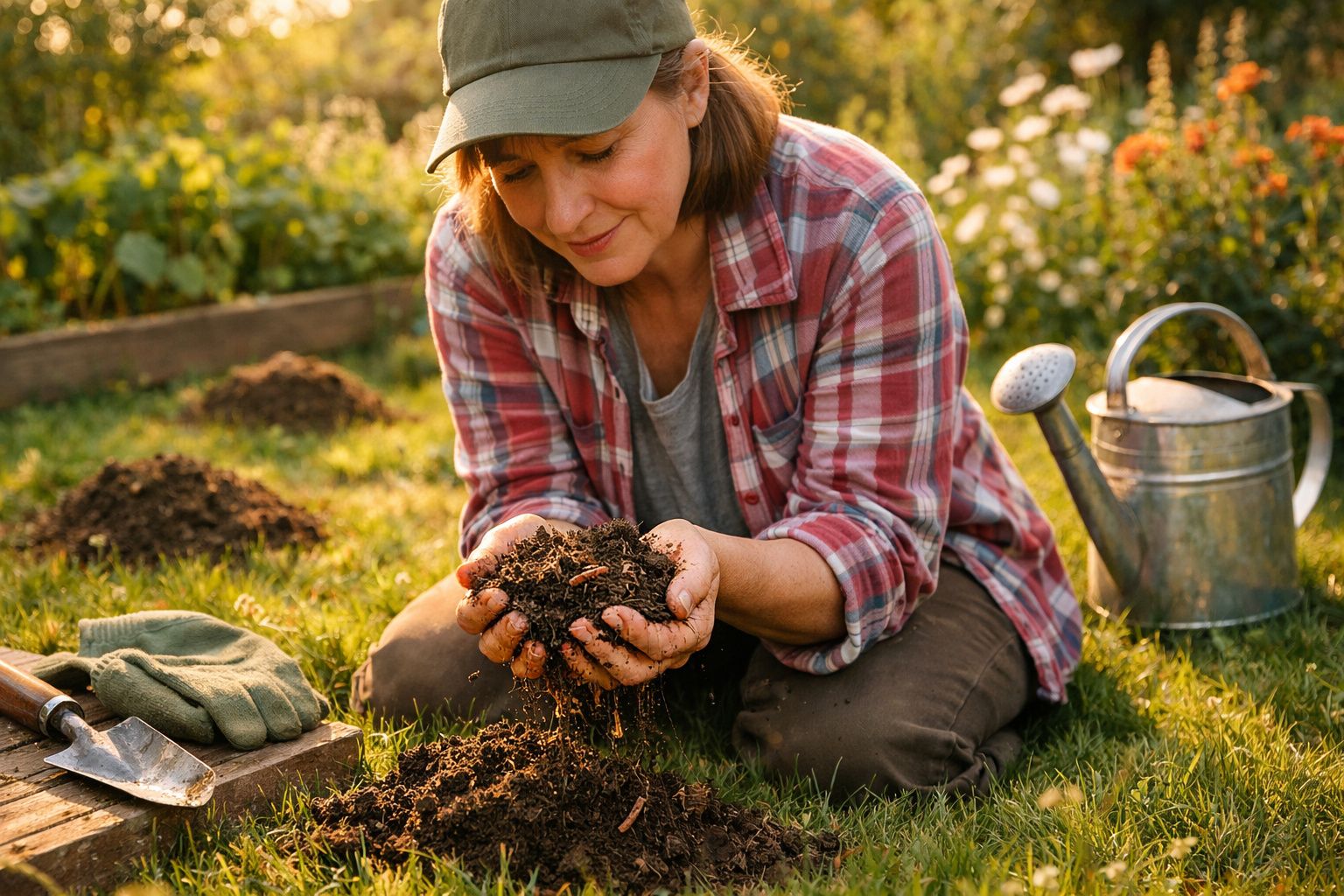 Mulher de camisa xadrez e boné analisa terra fértil num jardim, rodeada de ferramentas de jardinagem.