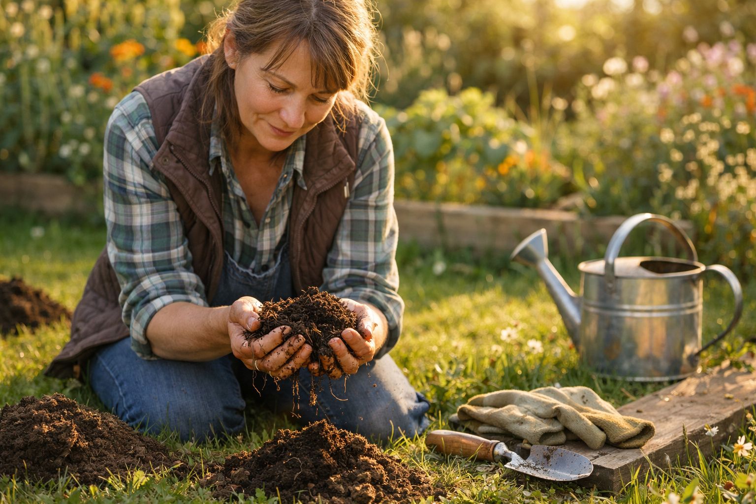 Mulher a sorrir enquanto segura terra na mão, rodeada de ferramentas de jardinagem ao ar livre.