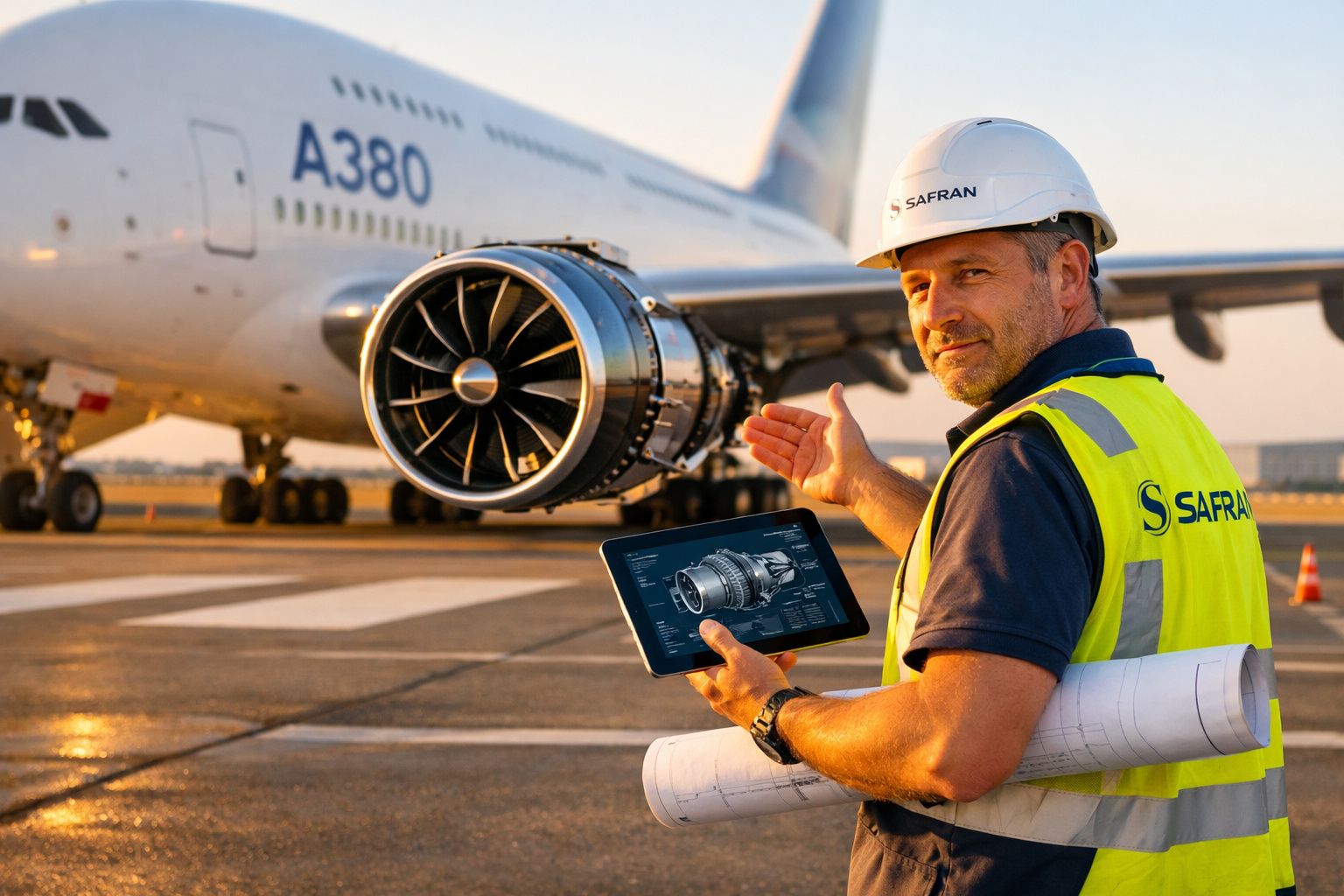 Engenheiro com capacete e colete da Safran segura tablet com imagem de turbina diante de avião A380.