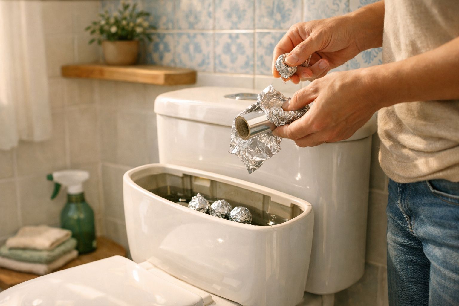 Pessoa a colocar bolas de papel alumínio dentro do depósito de água da sanita para economizar água.