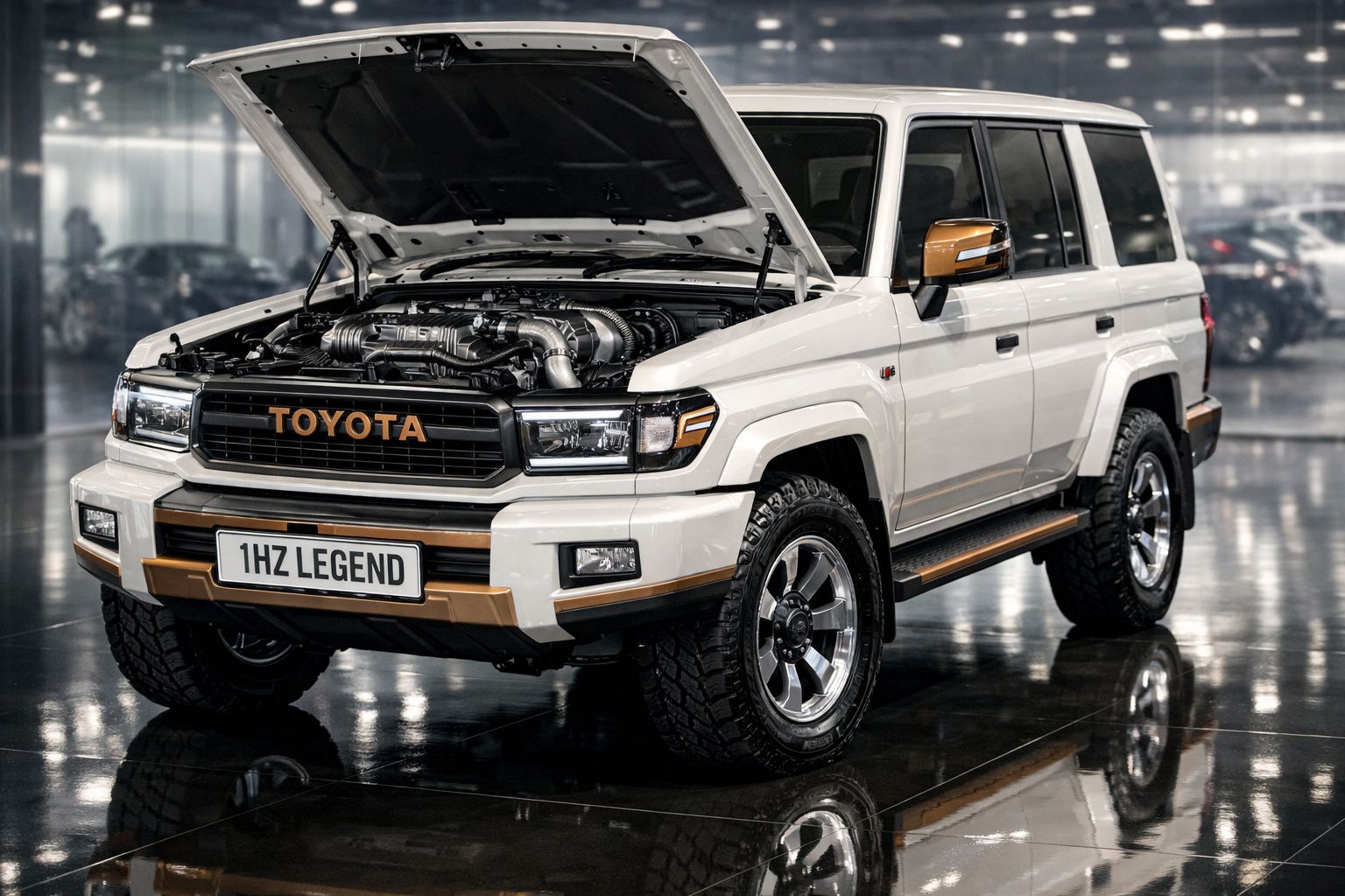 Carro Toyota 4x4 branco com capot aberto e detalhes dourados num espaço fechado e brilhante.