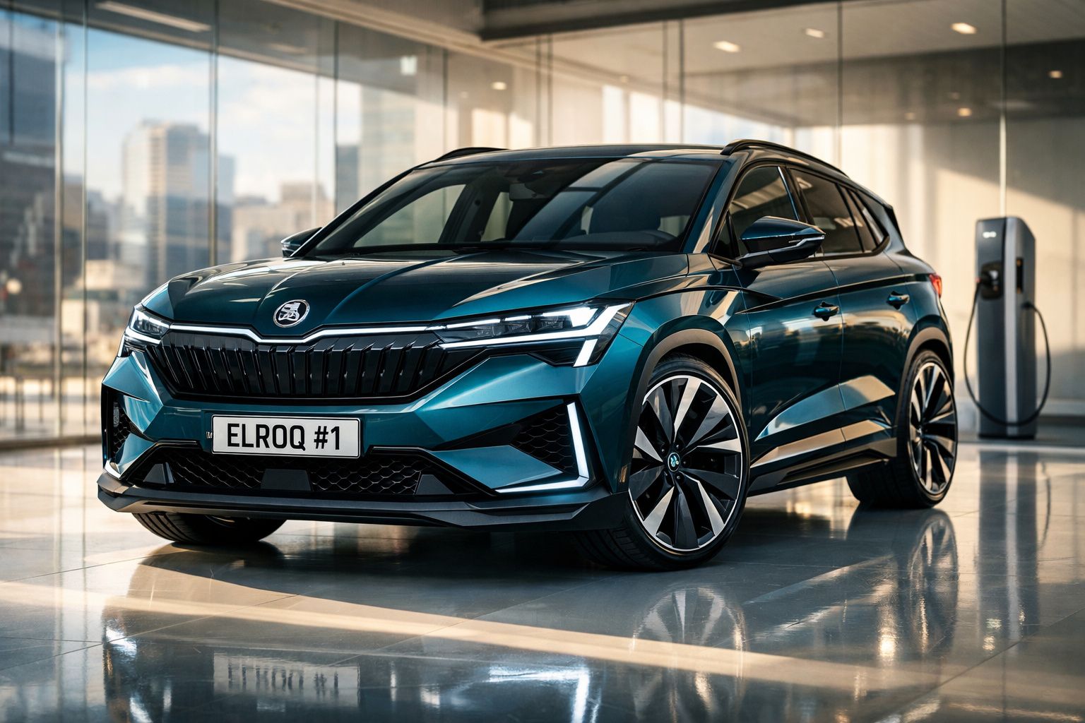 Carro elétrico SUV Skoda Elroq azul escuro estacionado junto a posto de carregamento em ambiente urbano interior.