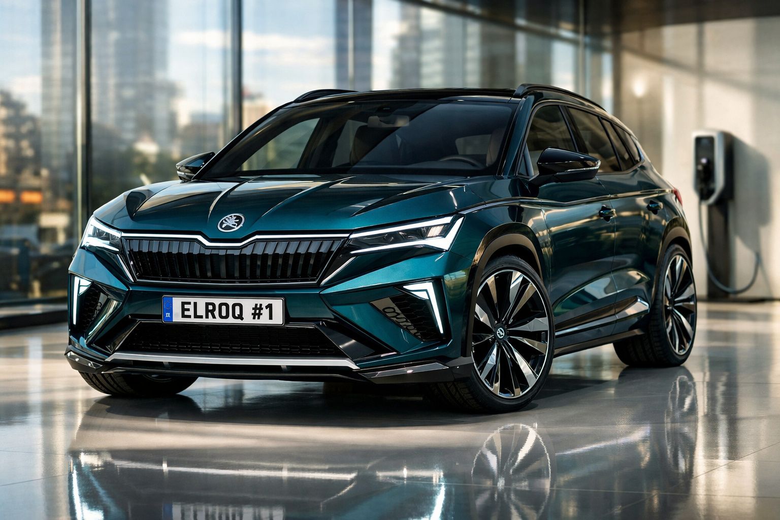 Carro elétrico Skoda Elroq azul escuro estacionado em interior moderno com carregador elétrico.