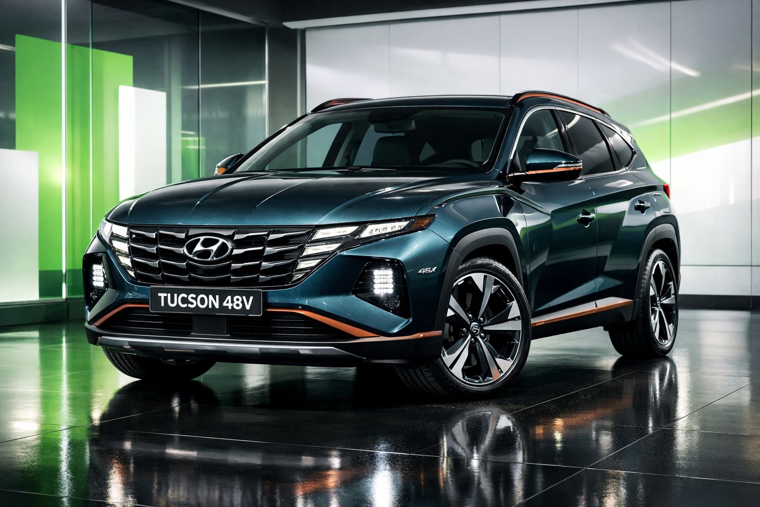 SUV Hyundai Tucson 48V estacionado em interior com iluminação moderna e reflexos no chão.