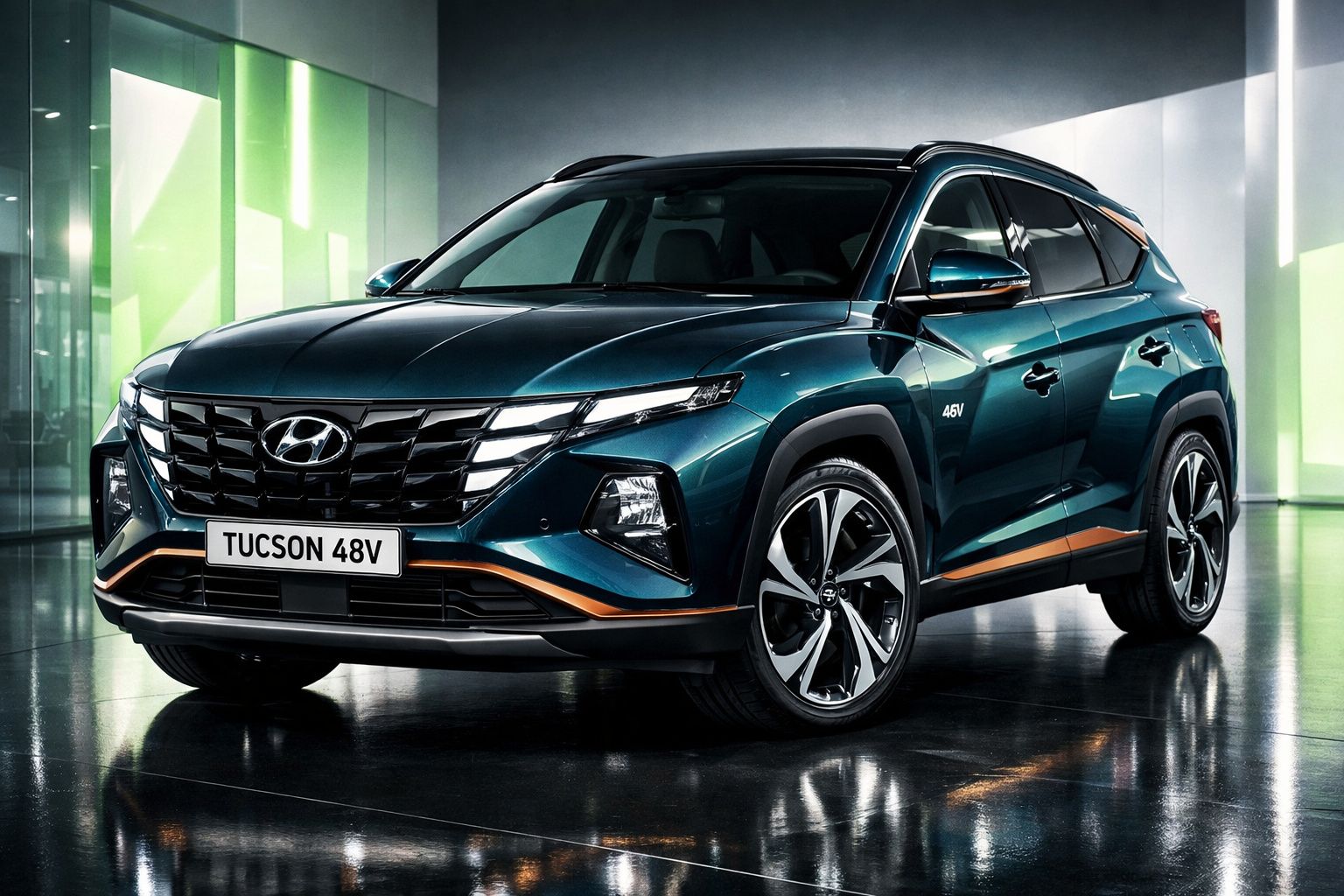 Automóvel Hyundai Tucson 48V SUV moderno verde escuro em ambiente interior com luzes verdes e brancas.