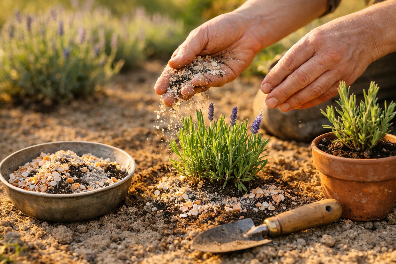 Mãos a fertilizar planta de lavanda no jardim com mistura natural de conchas e húmus.