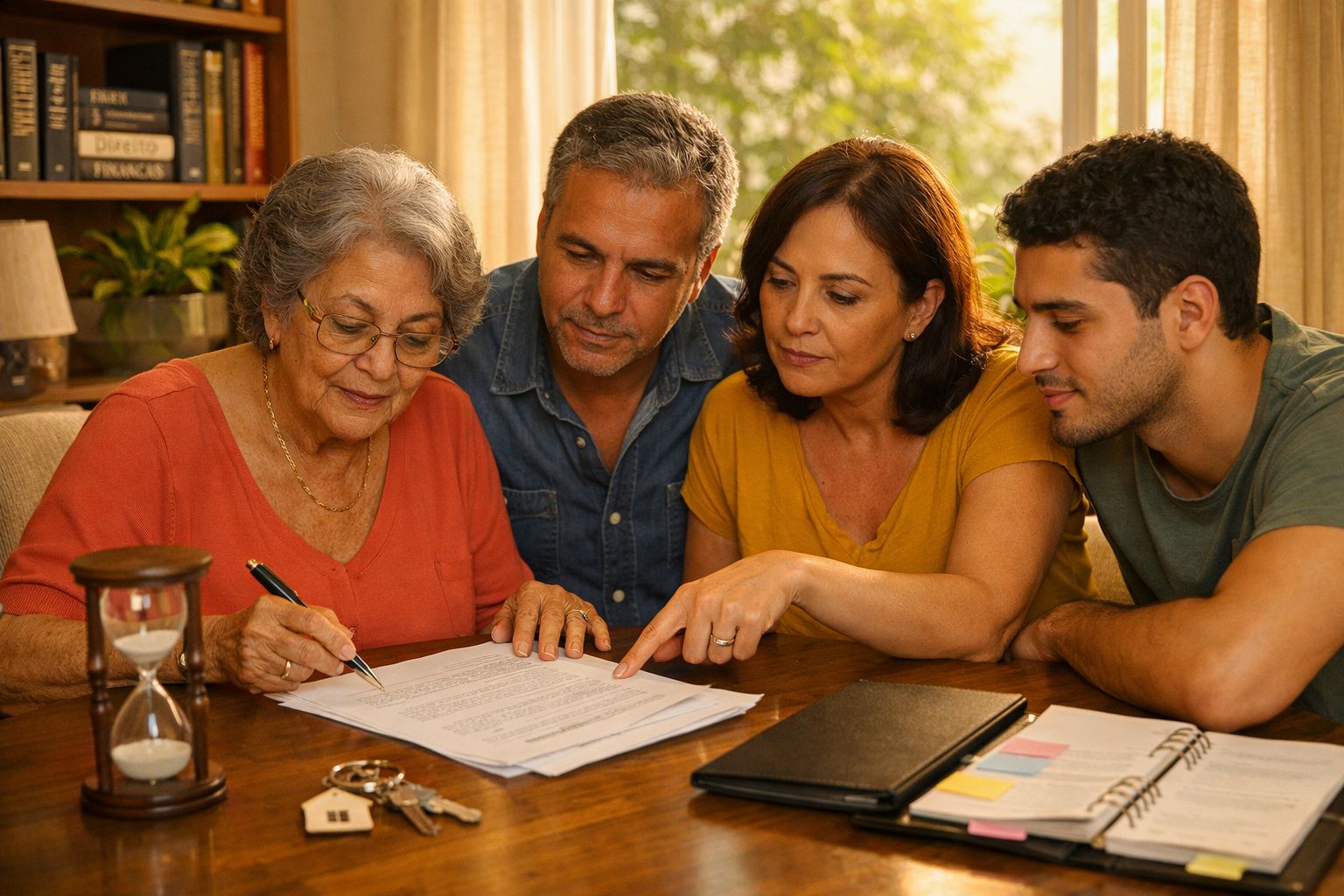 Família de quatro pessoas a assinar documentos numa mesa em casa, com objetos pessoais ao redor.