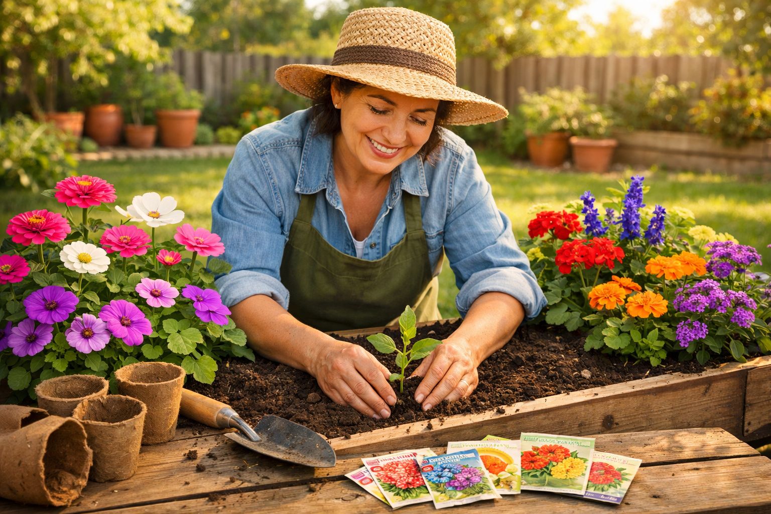 Mulher de chapéu a plantar muda em jardim com flores coloridas num dia ensolarado.