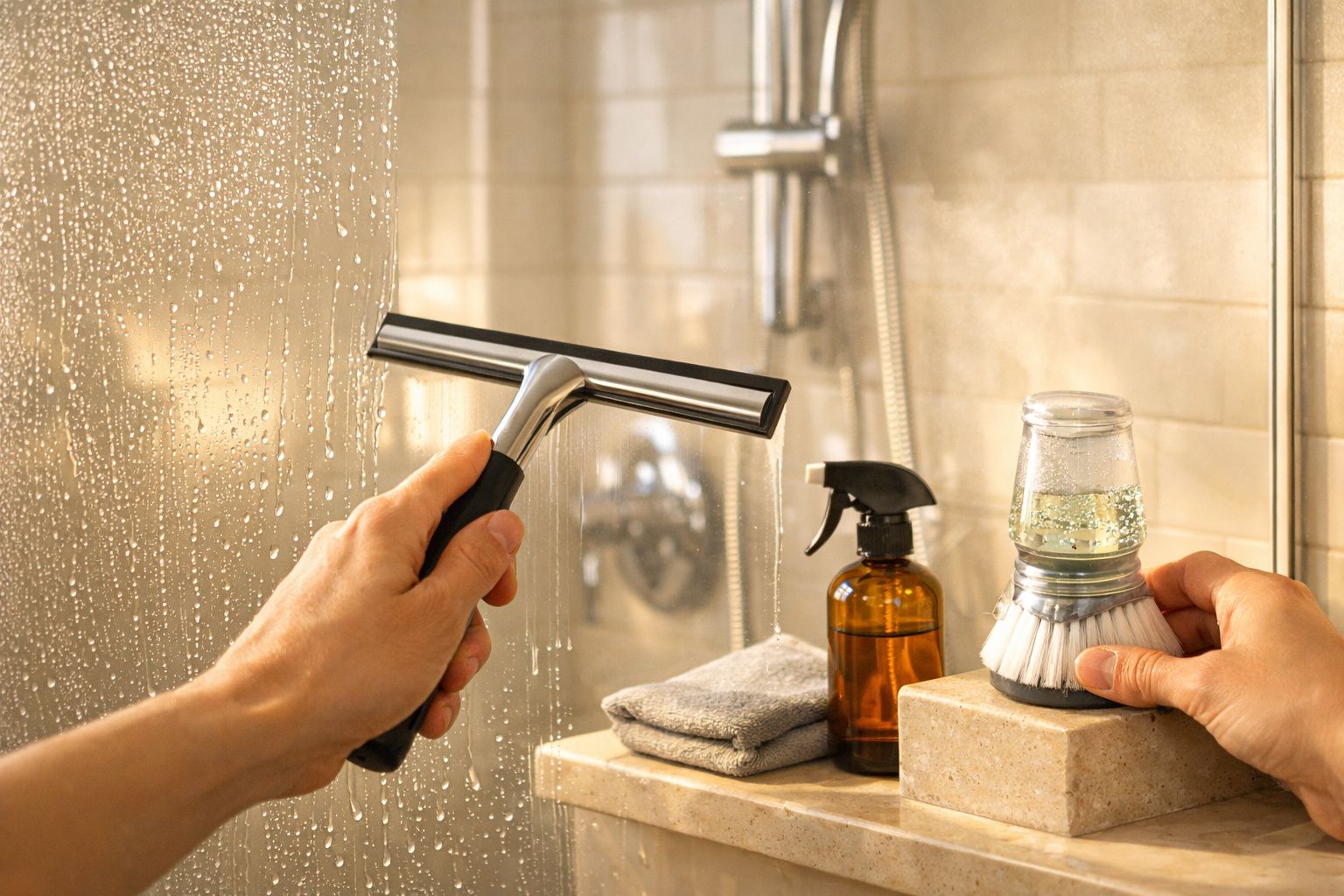 Pessoa a limpar um vidro de chuveiro com uma esfregona, spray de limpeza e escova ao lado.