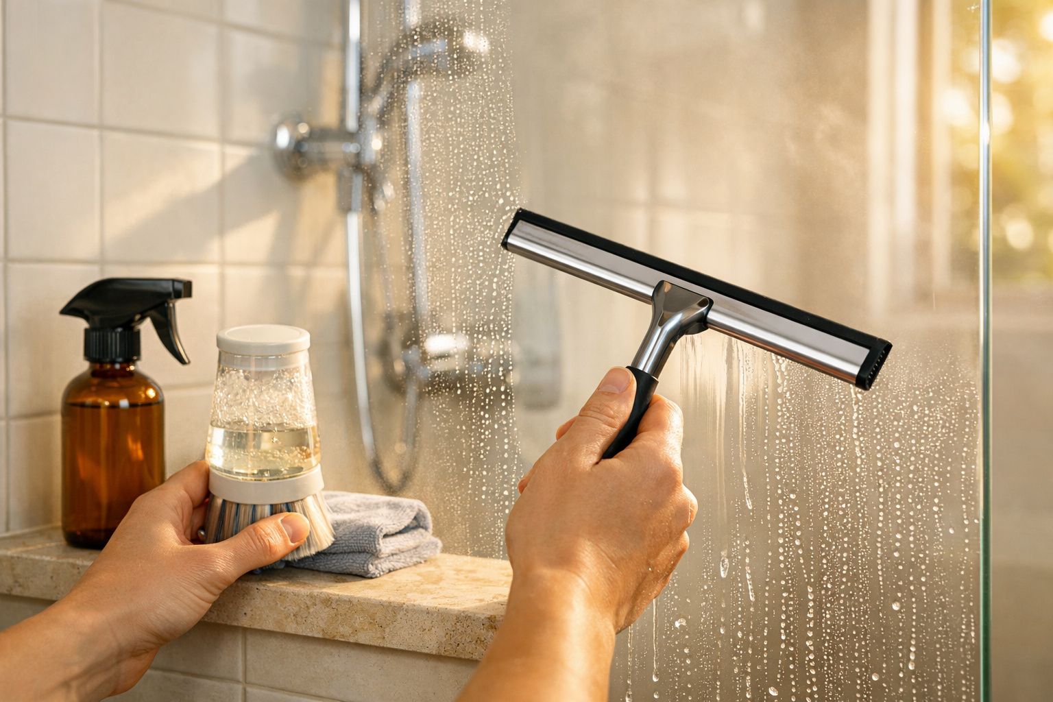Mãos a limpar o vidro do chuveiro com um limpa-vidros e escova num ambiente de casa de banho.